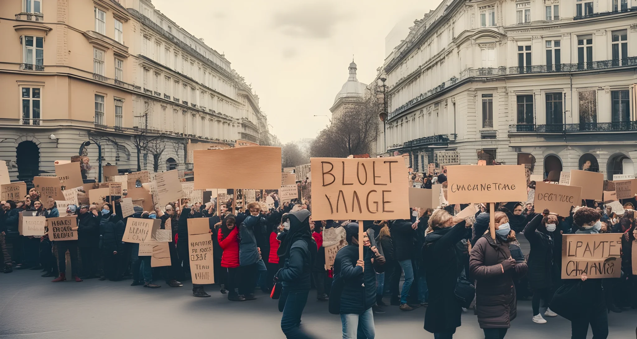 The image shows a large group of people holding signs and banners at a climate change protest.