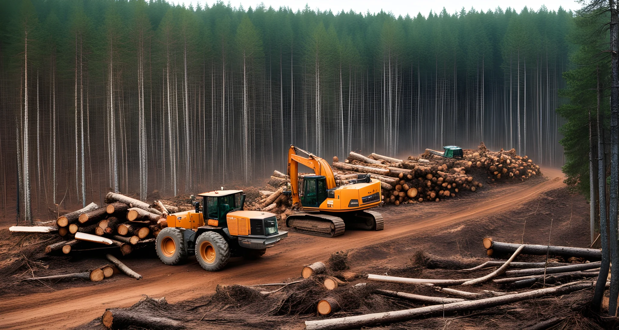 The image shows a large swath of forest being cleared by heavy logging equipment, with piles of felled trees and machinery scattered throughout the clearing.