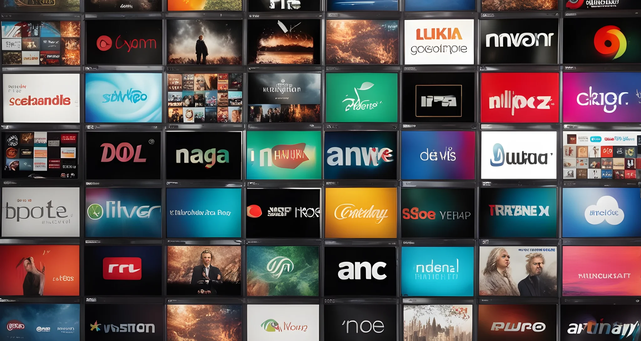 The image shows a large television screen with multiple streaming service logos displayed.