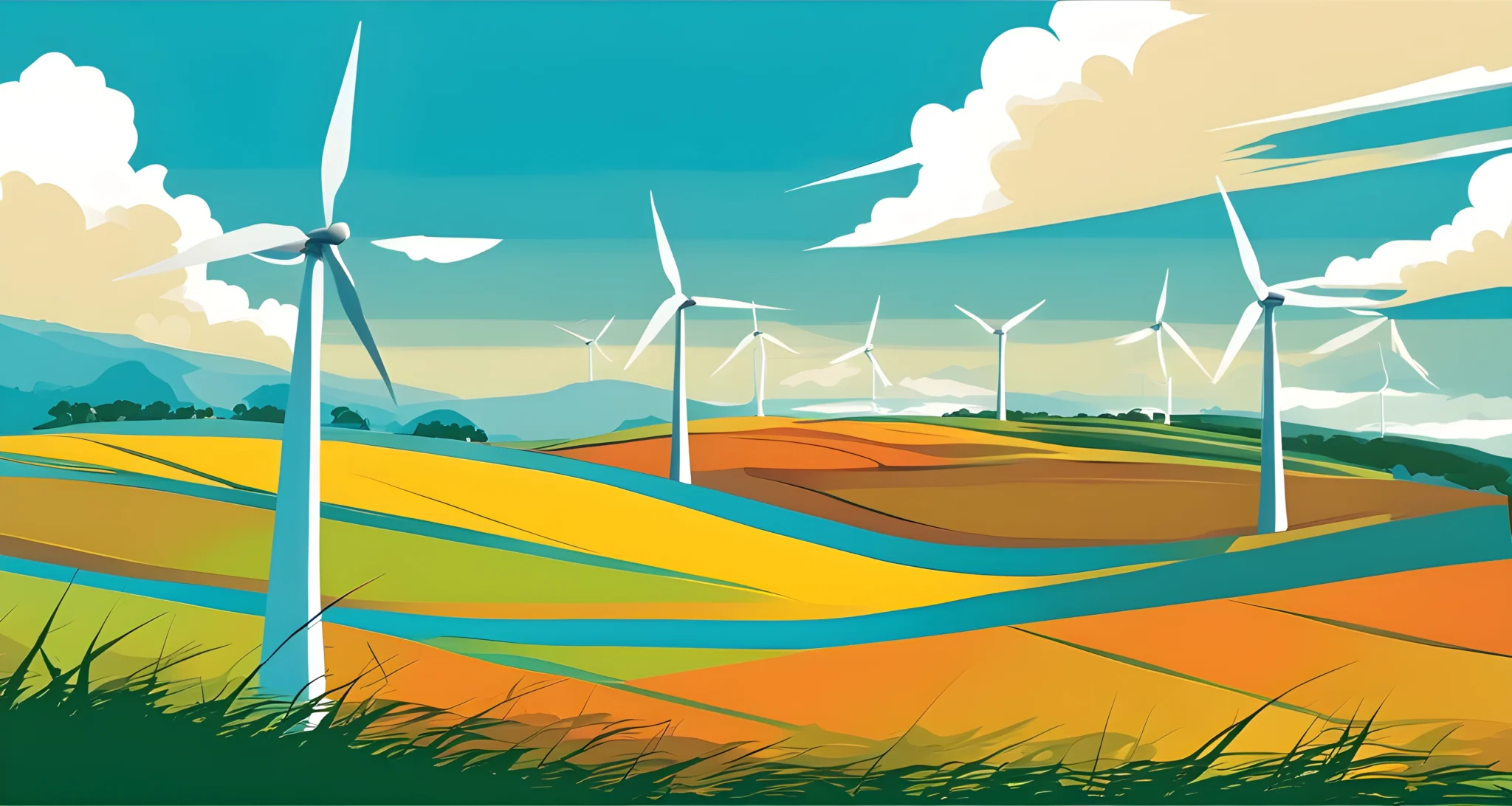 The image shows a large wind turbine spinning in a field with a bright blue sky and clouds in the background.