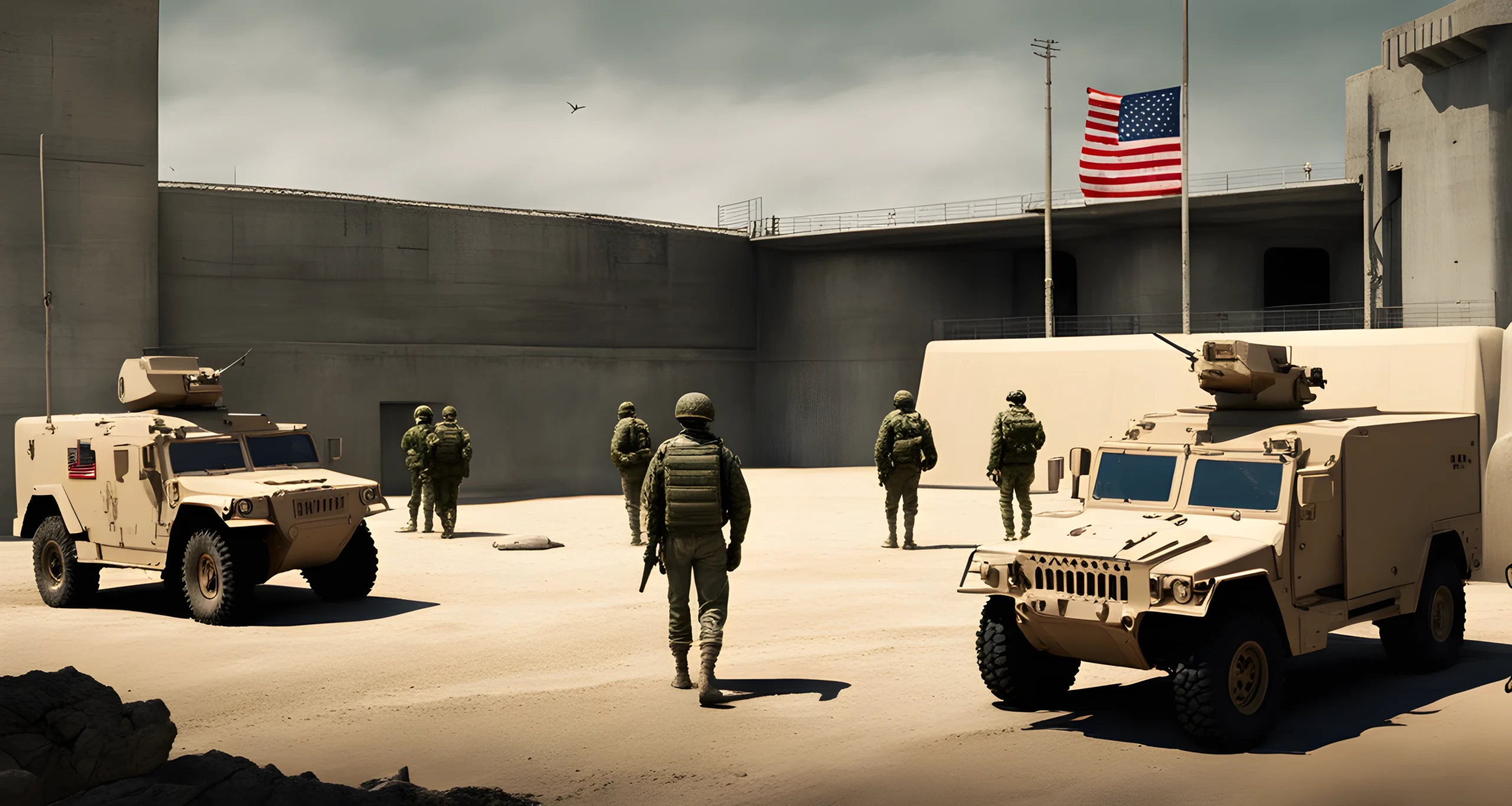 The image shows a military bunker with an American flag hanging outside. There are soldiers standing guard and military vehicles parked nearby.