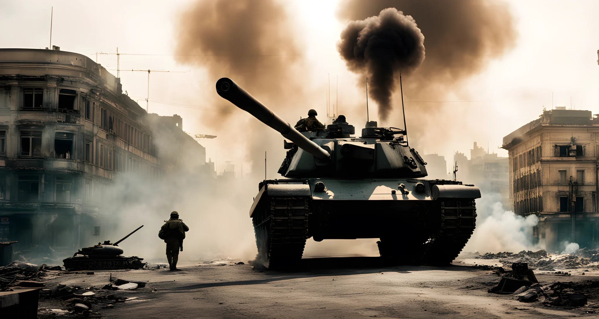 The image shows a military tank with soldiers standing beside it, a city in the background, and smoke rising from buildings.