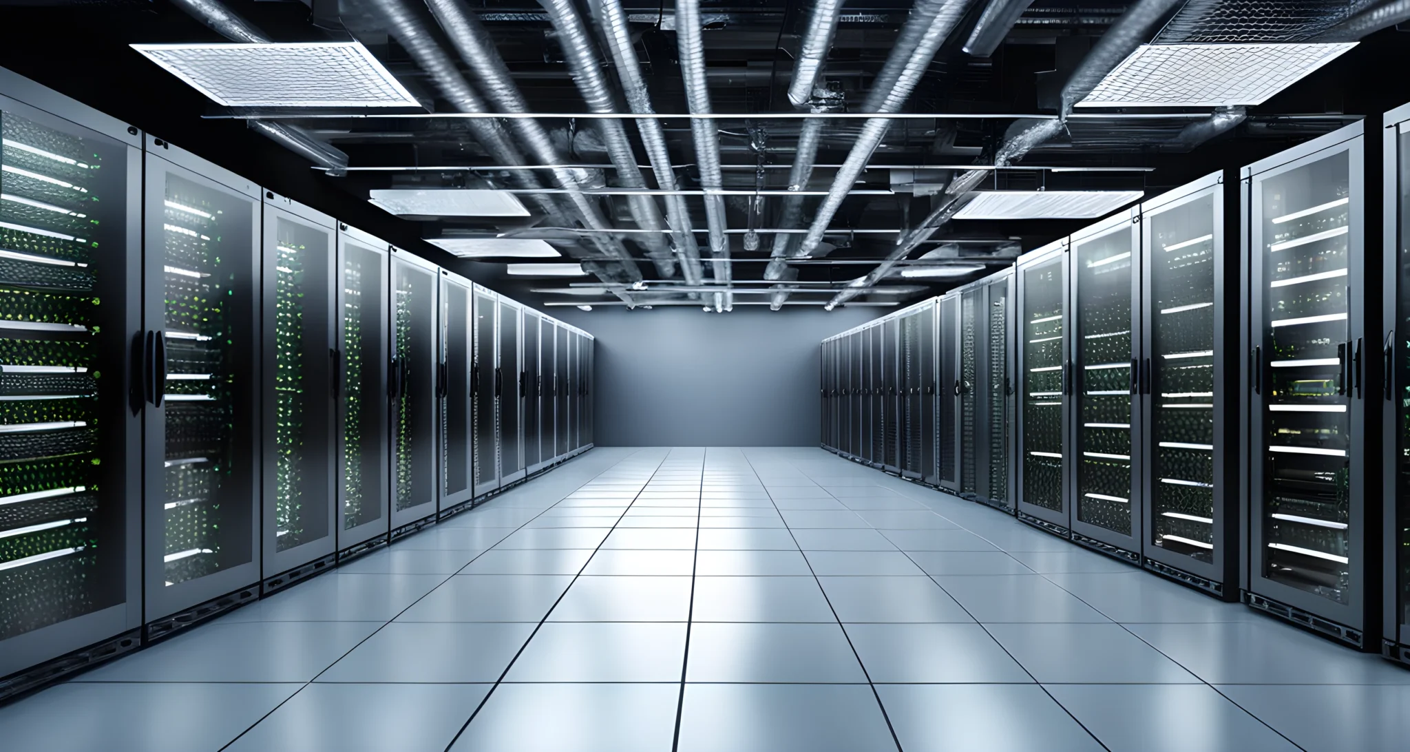 The image shows a modern computer server room with rows of racks filled with computer servers and networking equipment.