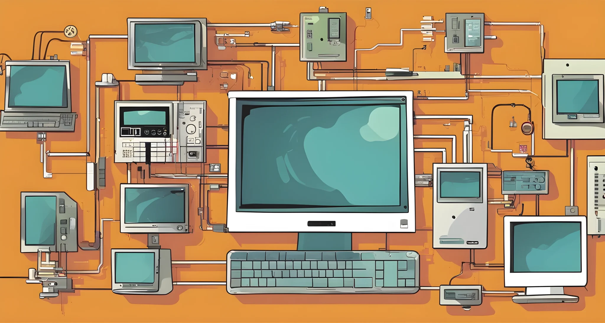 The image shows a modern computer system with various interconnected devices and sensors.