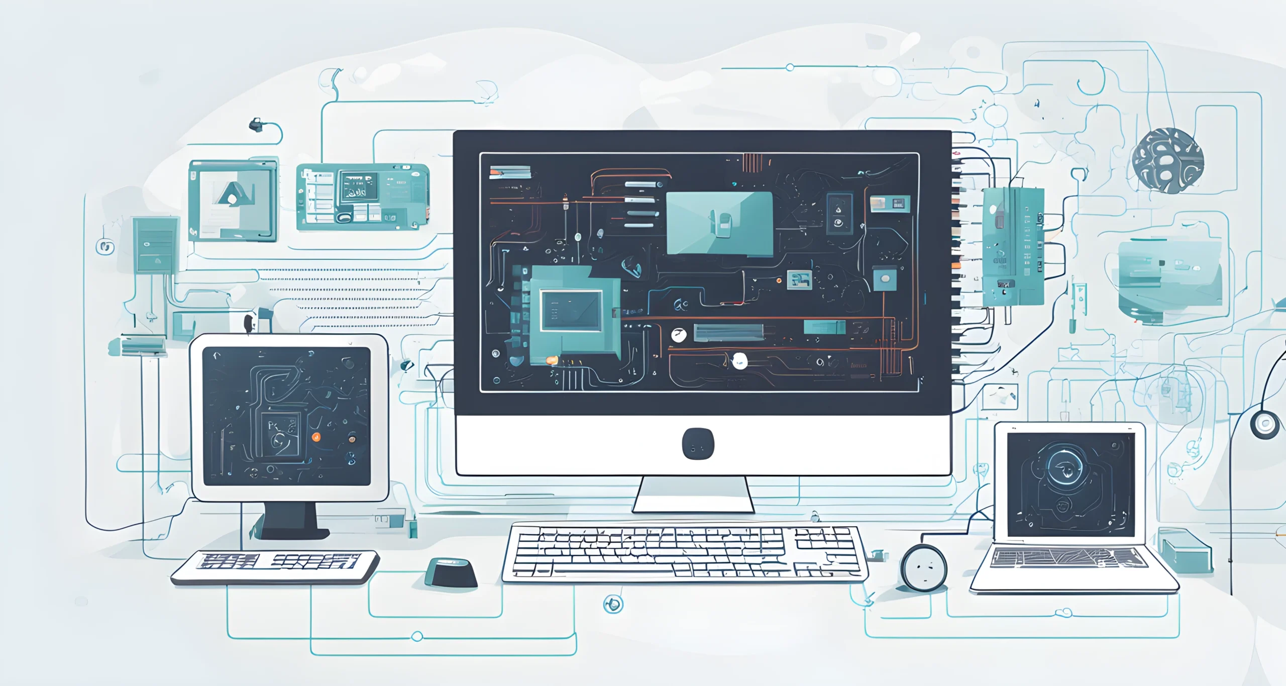 The image shows a modern computer with AI capabilities and various connected electronic devices.