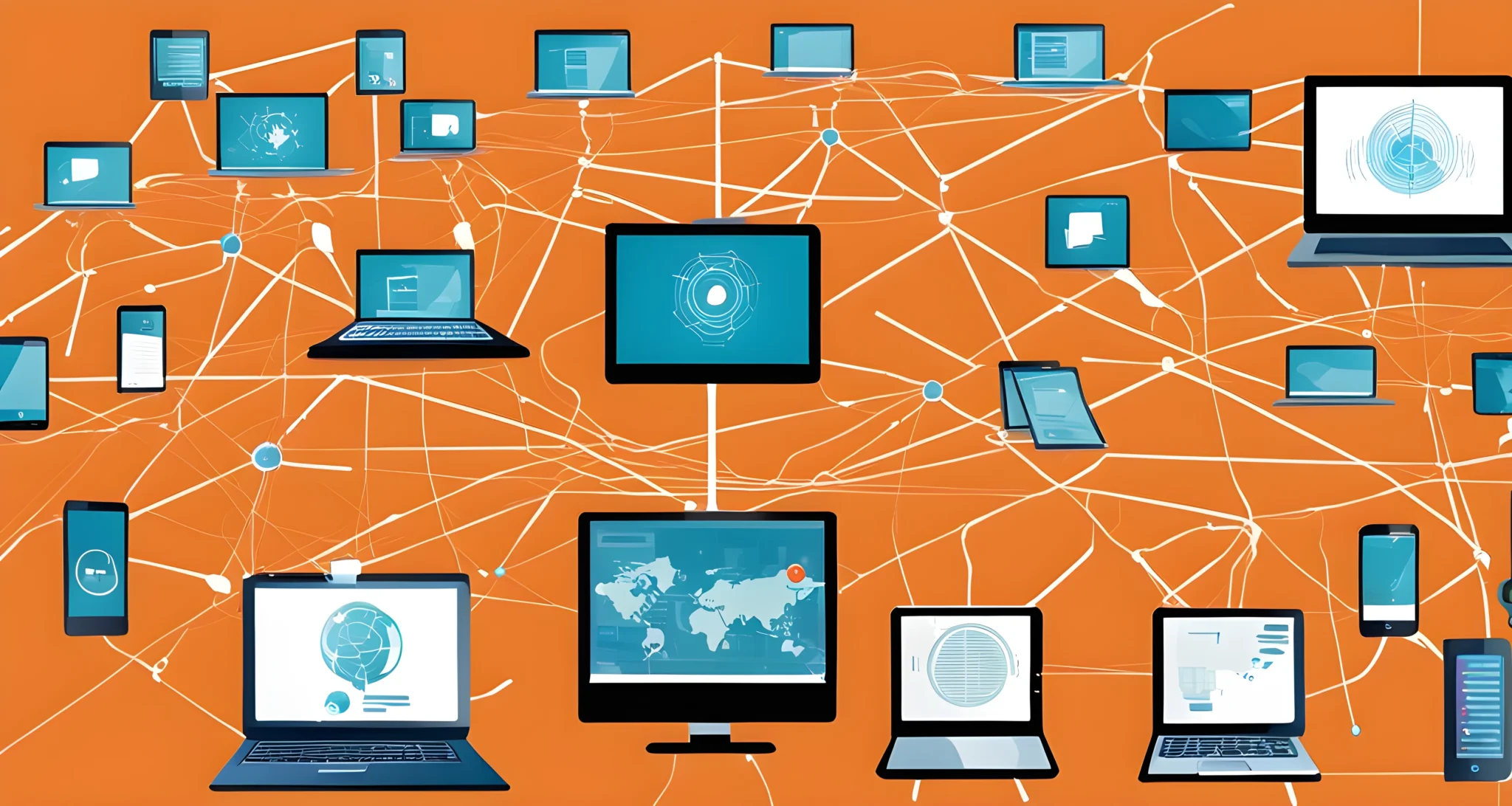 The image shows a network of interconnected devices and digital communication technologies, such as smartphones, laptops, and tablets.