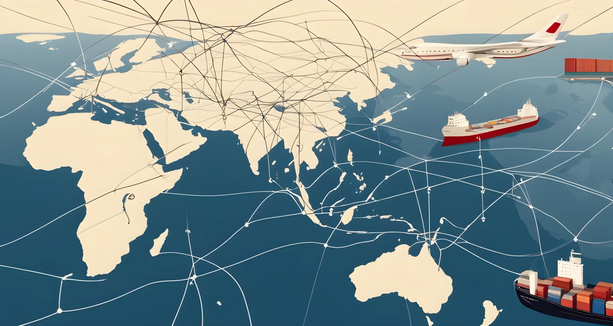 The image shows a network of interconnected global trade routes, with large cargo ships and planes transporting goods between major cities and economic hubs.