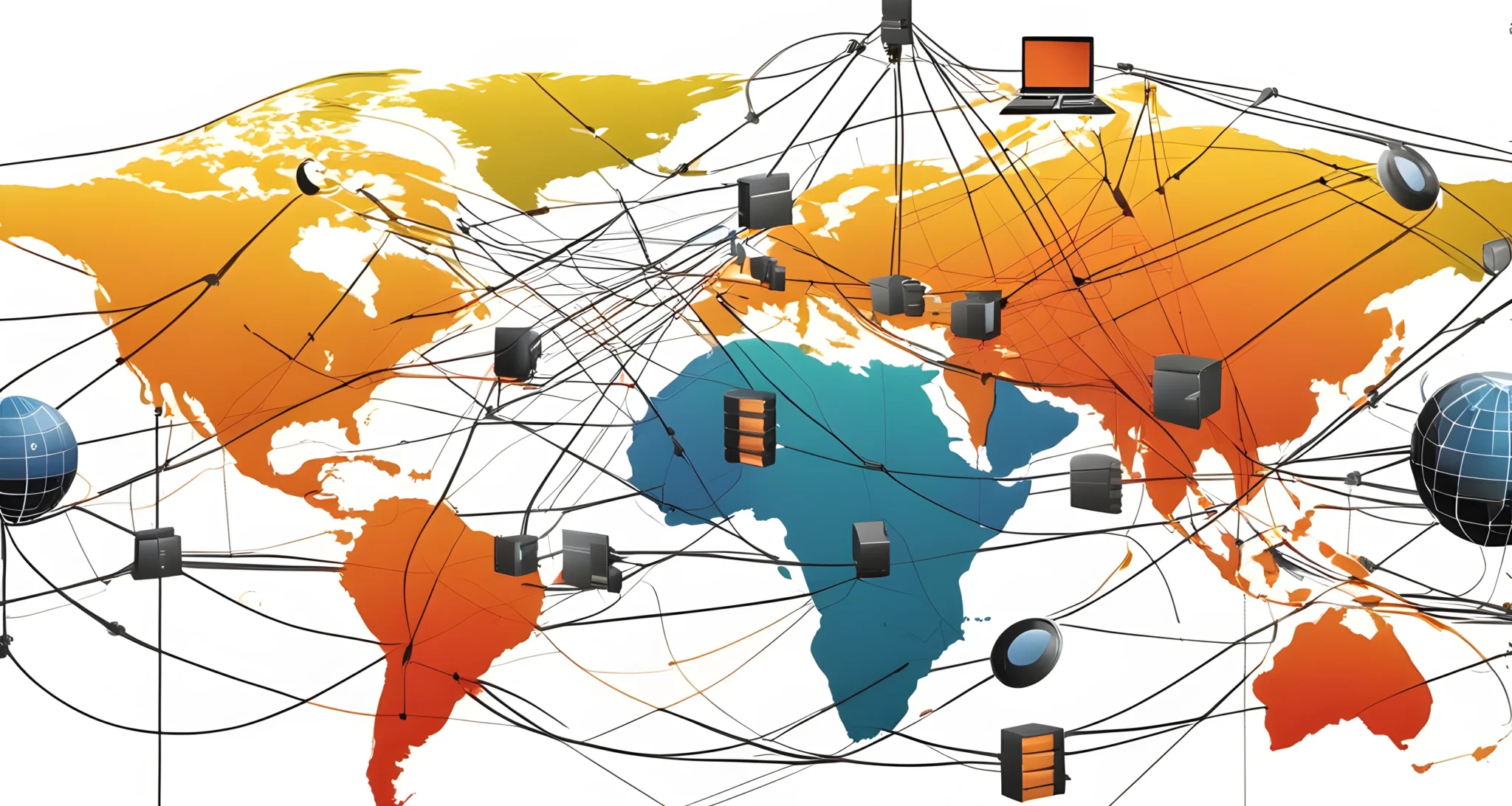 The image shows a network of interconnected globe, data servers, and communication lines.