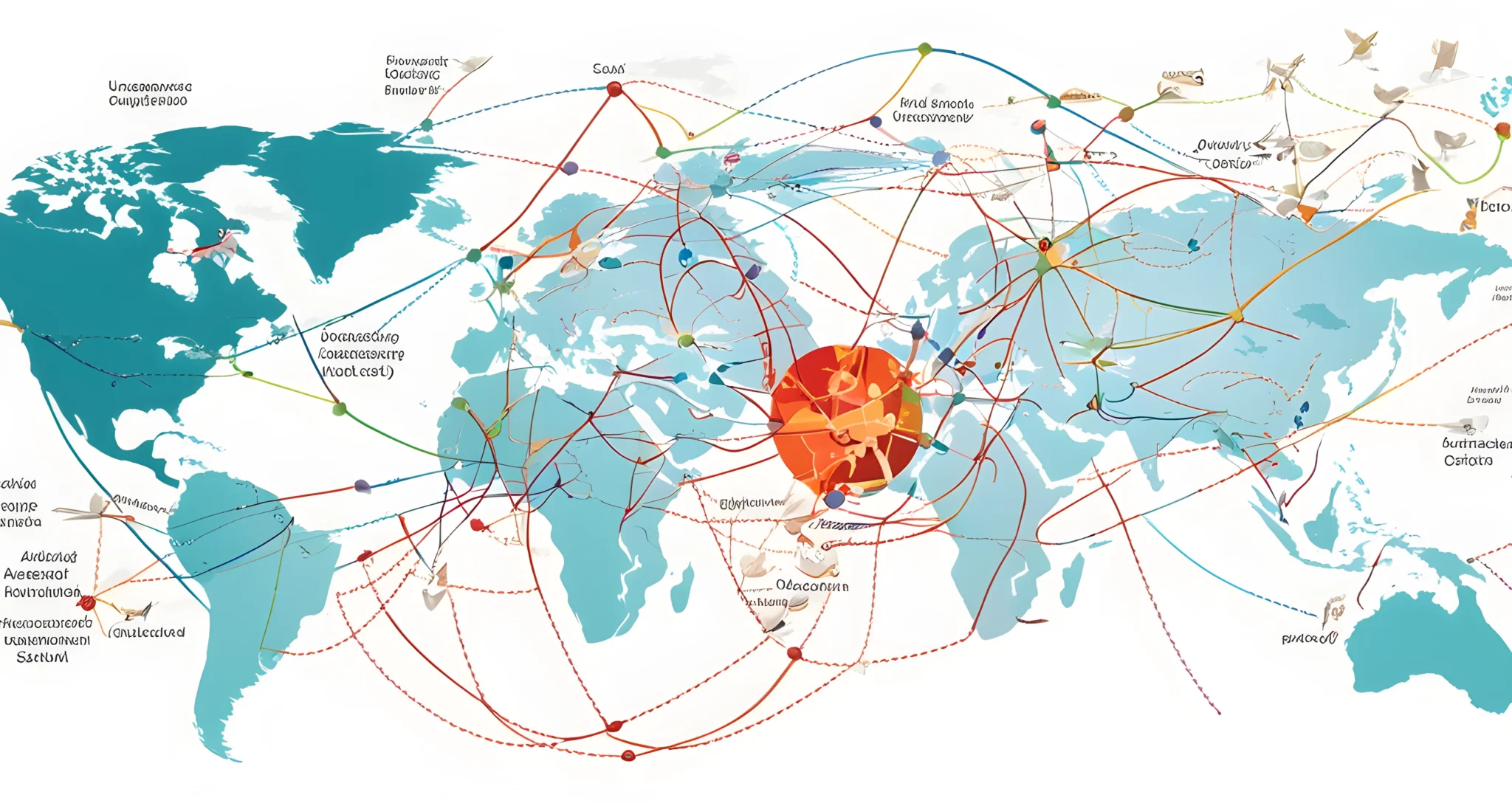 The image shows a network of interconnected international organizations and trade agreements.