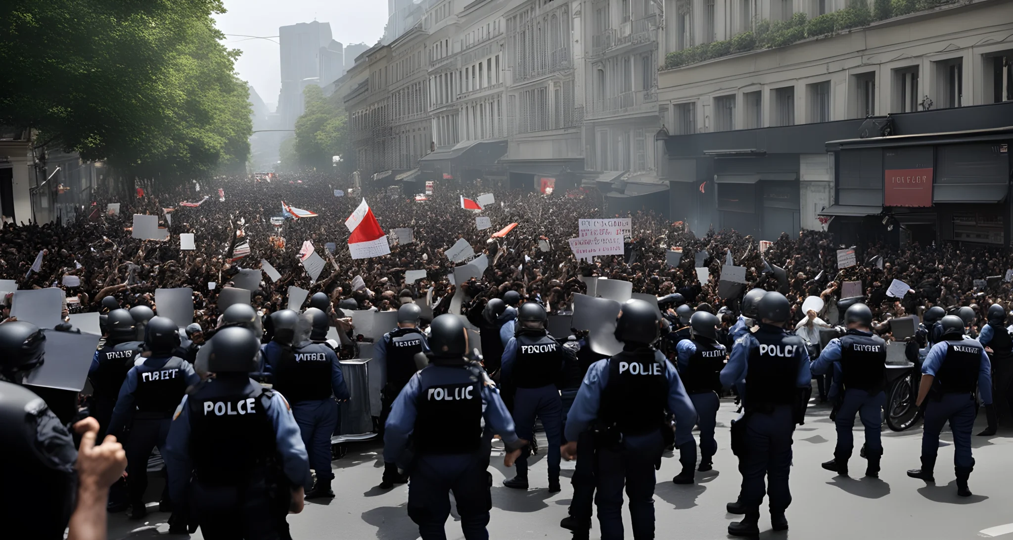 The image shows a protest in a crowded city street, with people holding signs and chanting slogans. Police and military personnel are seen trying to maintain order.