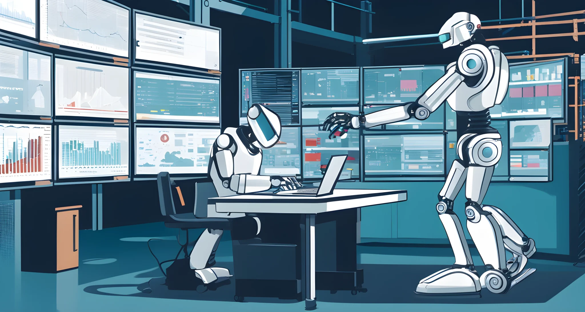 The image shows a robot working alongside a human in a manufacturing plant, with computer screens displaying data and graphs in the background.