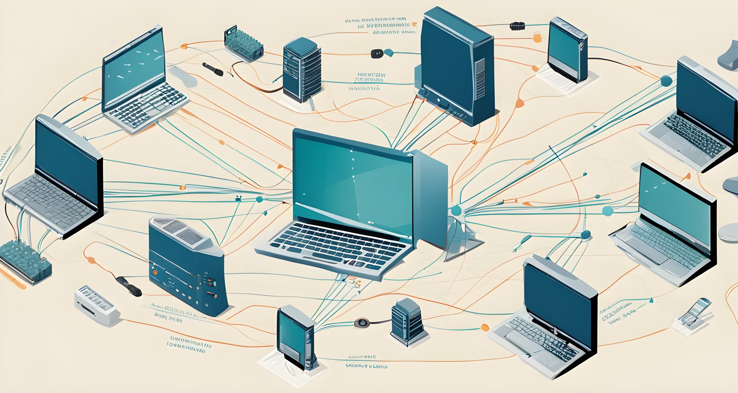 The image shows a series of interconnected computer networks and devices, including servers, routers, and laptops, with data streams moving between them.