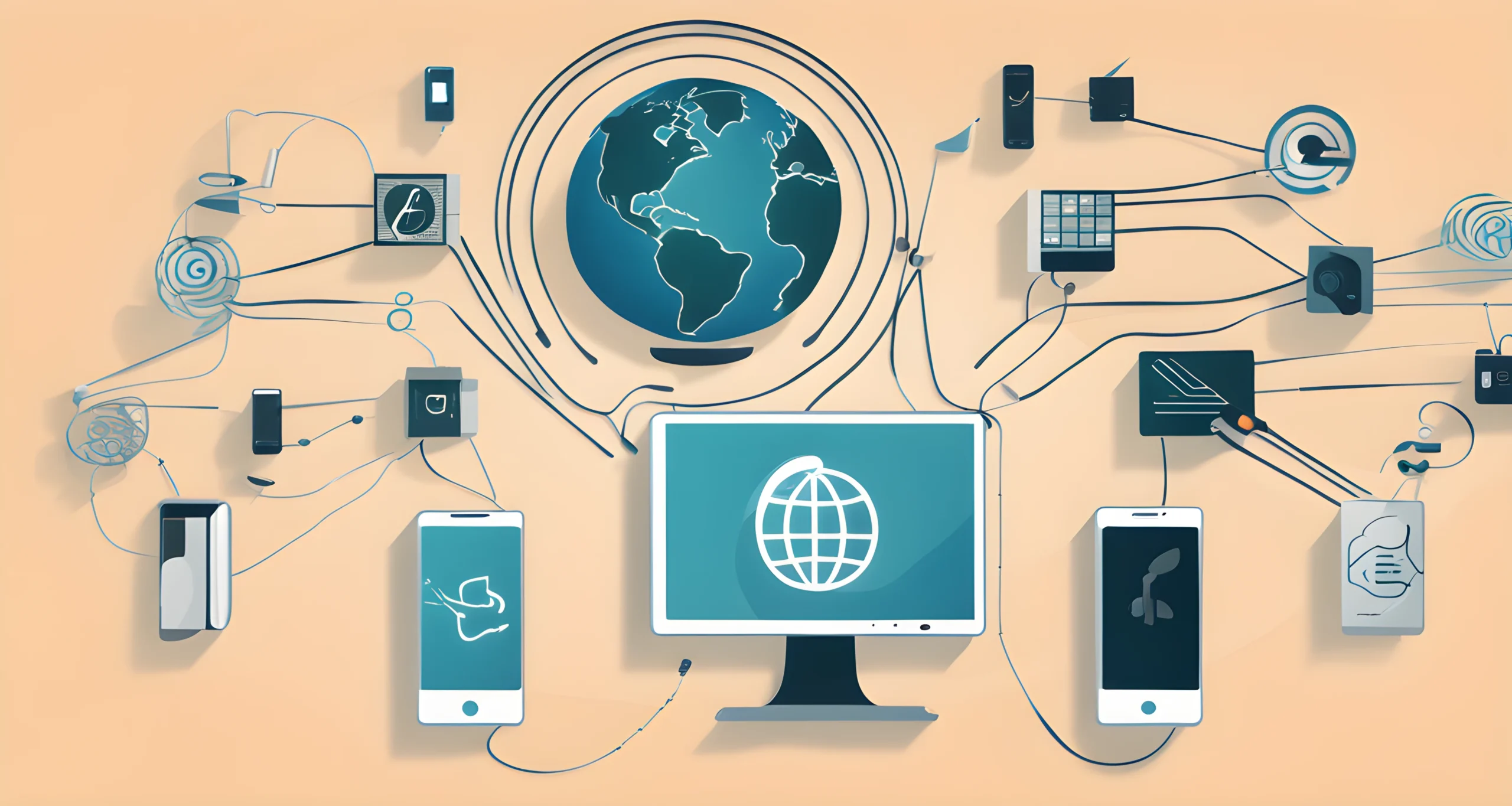 The image shows a smartphone, a globe, and several interconnected computer and phone icons.