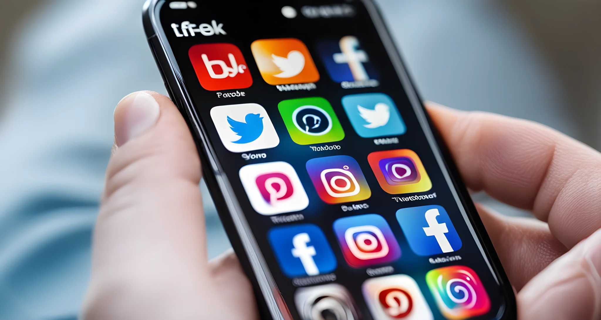 The image shows a smartphone with various social media apps open on the screen, including Facebook, Instagram, Twitter, and TikTok.