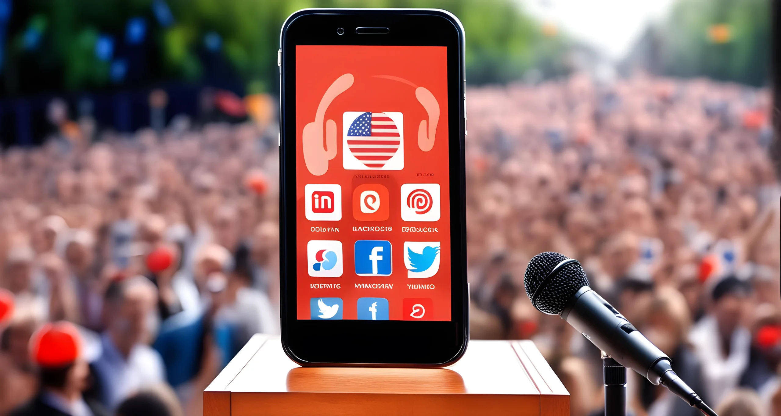 The image shows a smartphone with various social media icons on the screen, alongside a podium with a microphone at a political rally.