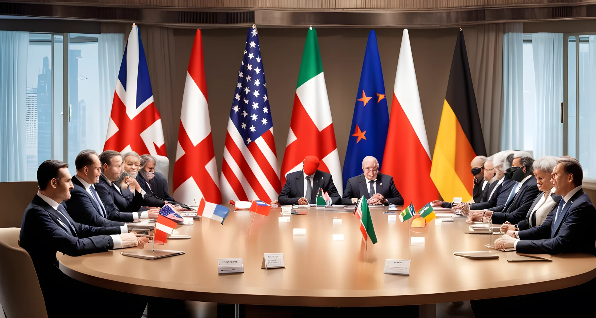 The image shows a table surrounded by foreign diplomats, with various country flags displayed in the background.