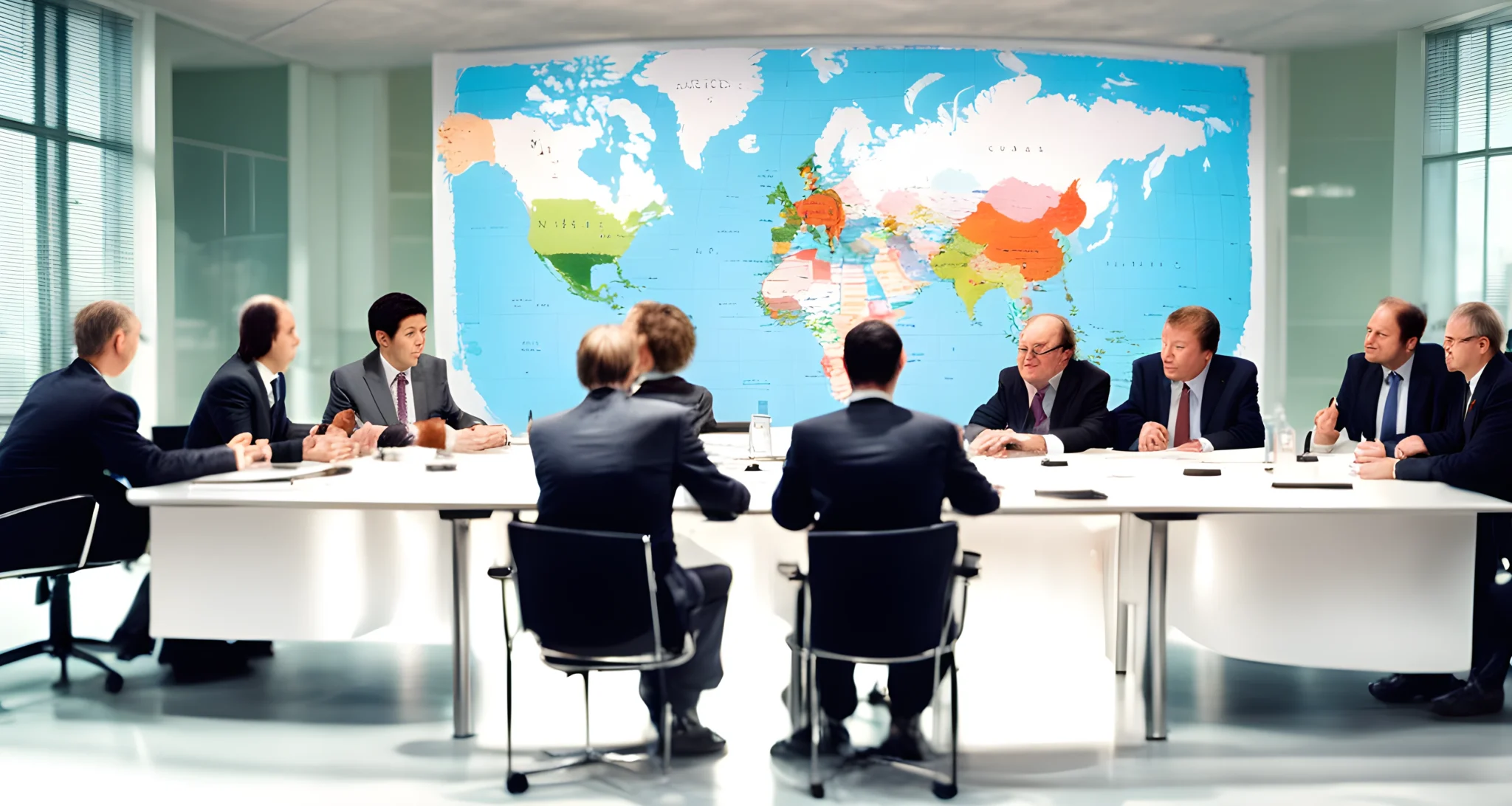 The image shows a table with representatives from various countries seated around it, engaged in discussions and negotiations. A world map is displayed on the wall behind them.