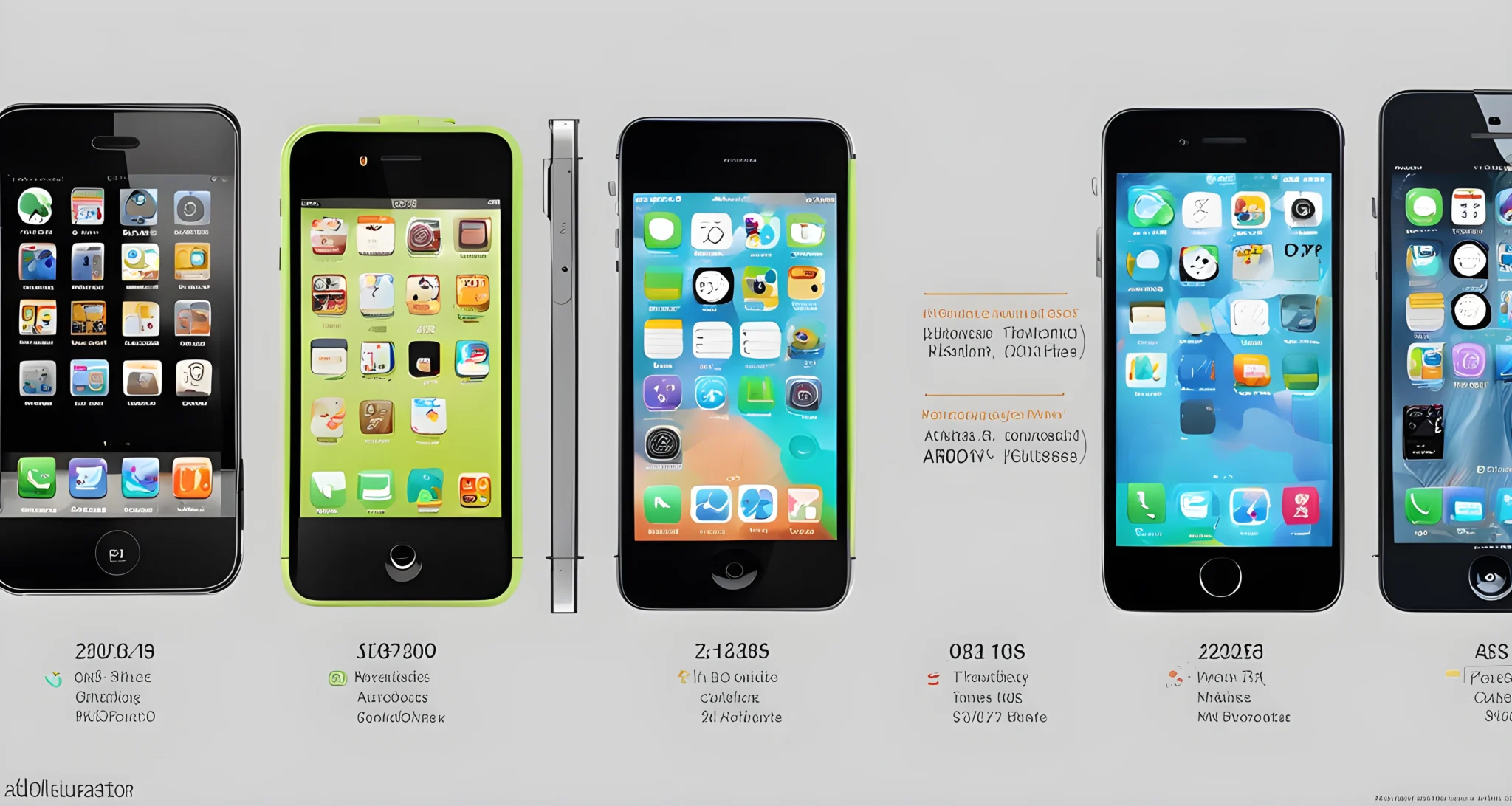 The image shows a timeline of smartphones, including the original iPhone, various Android models, and newer high-tech smartphones.