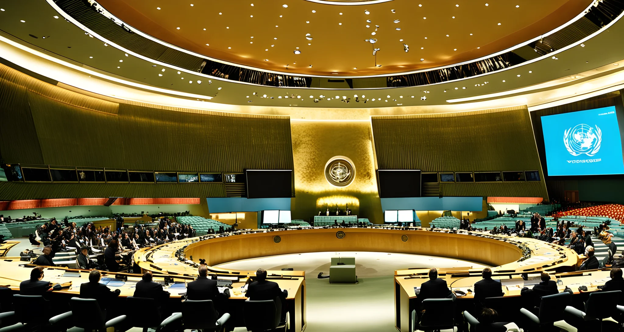 The image shows a United Nations assembly where representatives from different countries are gathered to discuss and address the challenges faced in combating terrorism.