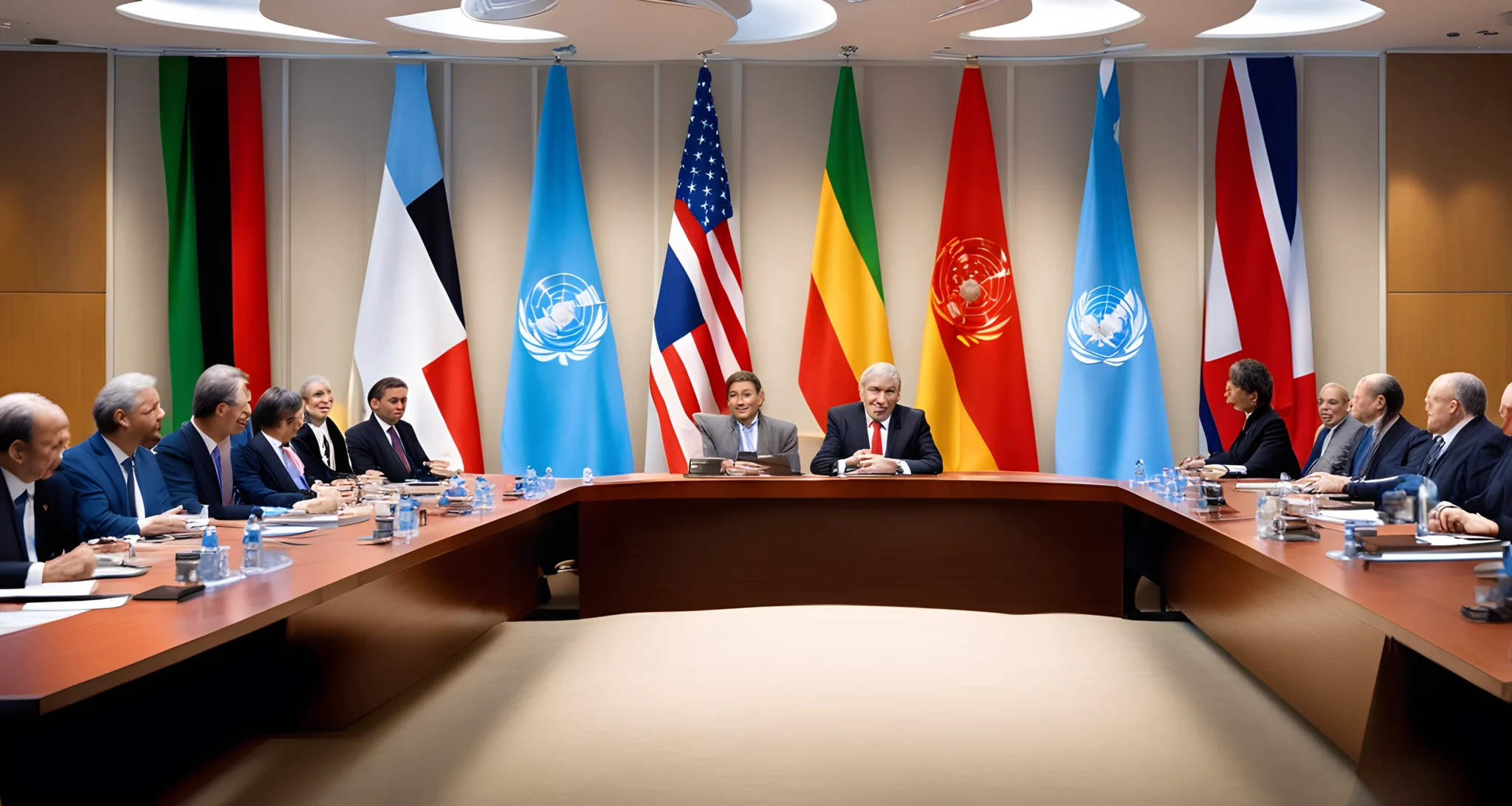 The image shows a United Nations flag and a group of representatives from various countries sitting at a round table in a meeting.