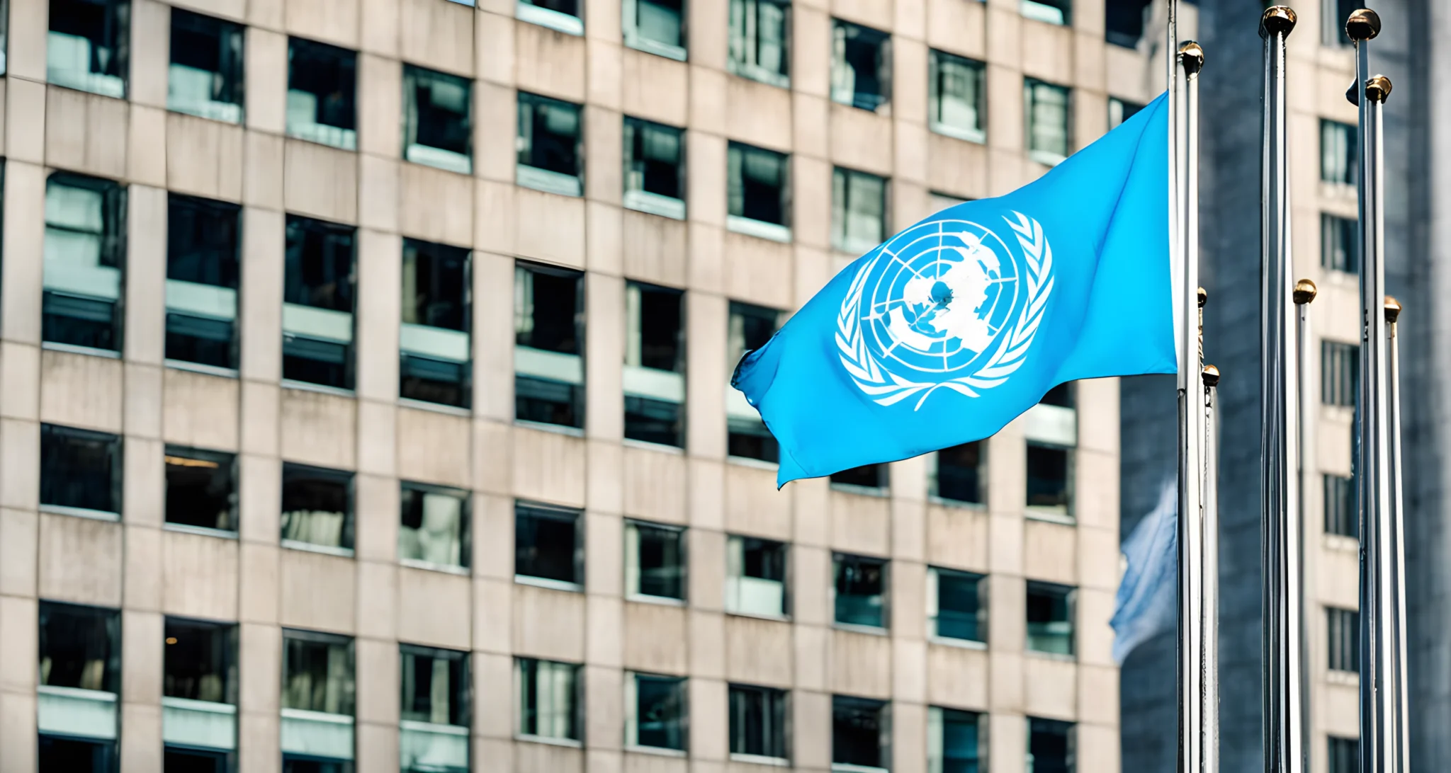 The image shows a United Nations flag flying outside the UN headquarters in New York City.