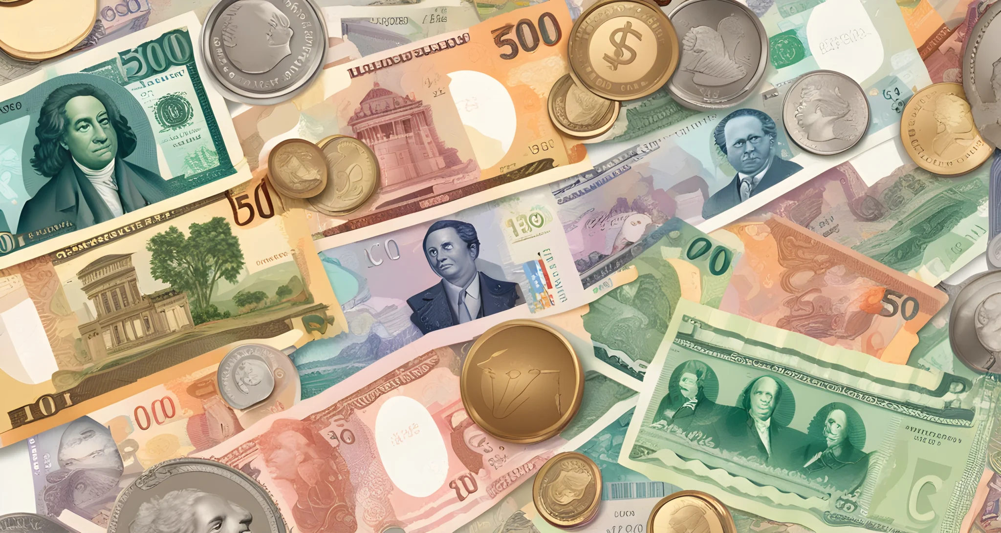 The image shows a variety of international currency banknotes and coins from different countries.