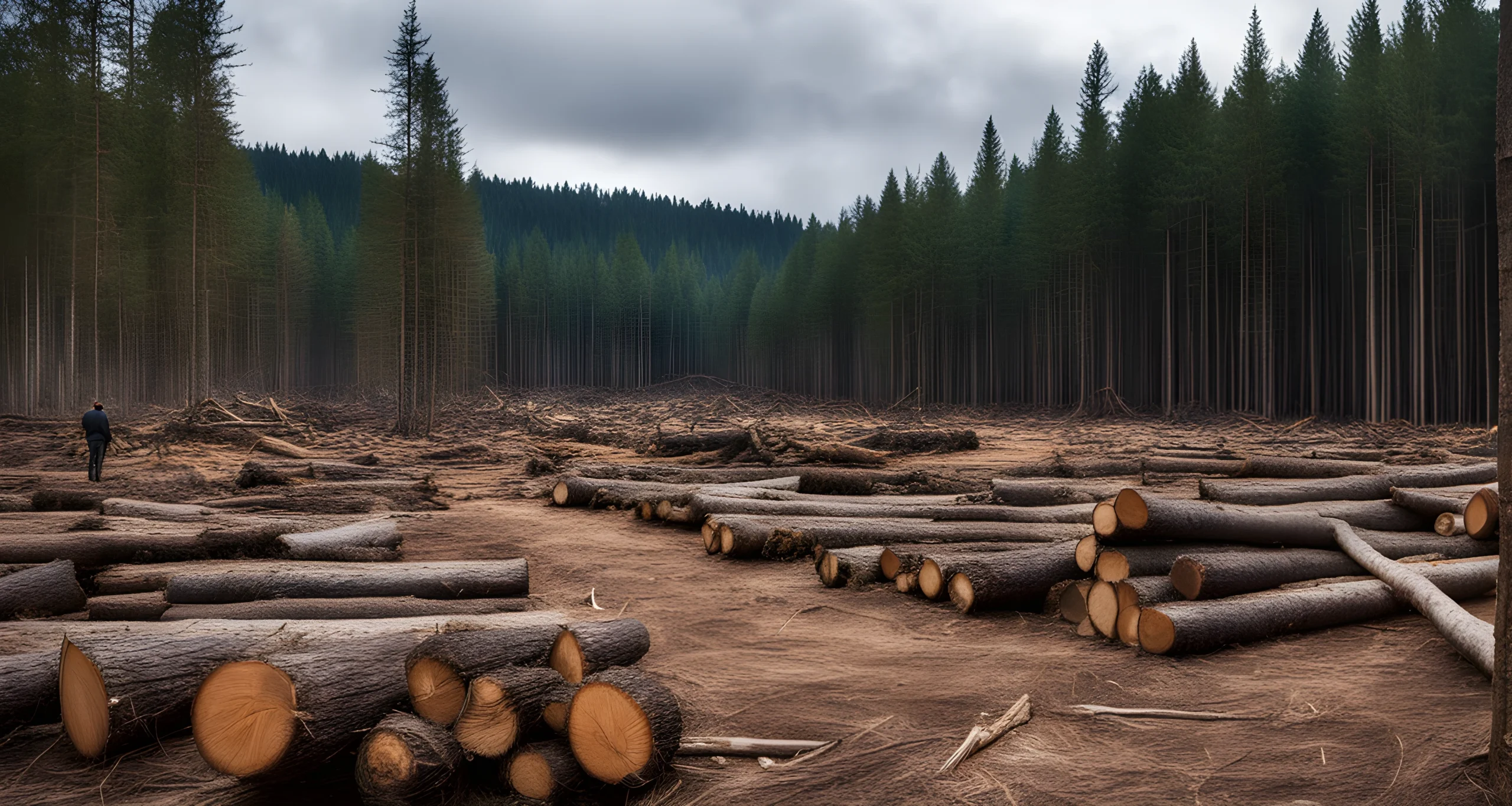 The image shows a vast, cleared area of land with numerous felled trees and piles of wood.