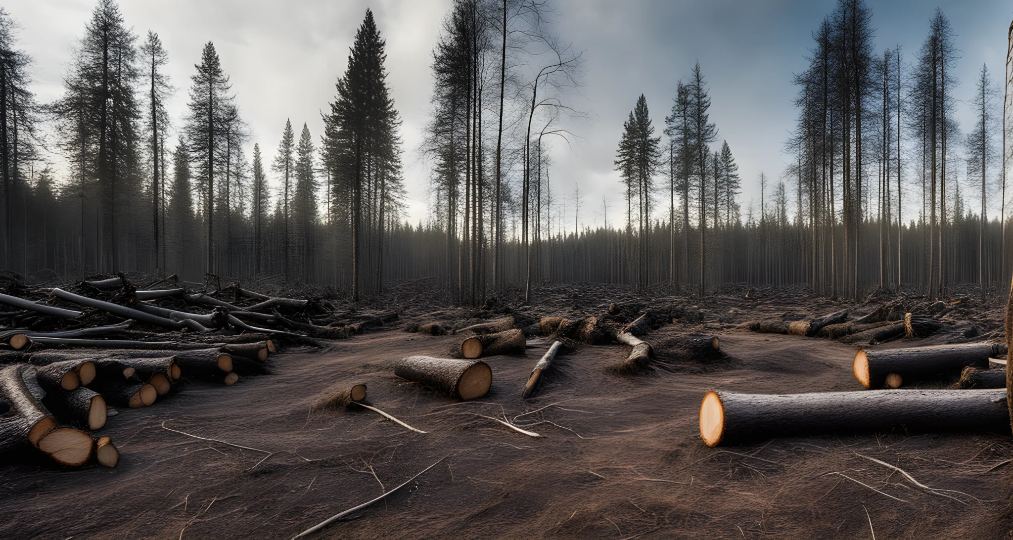 The image shows a vast expanse of cleared forest land with tree stumps and piles of felled trees.