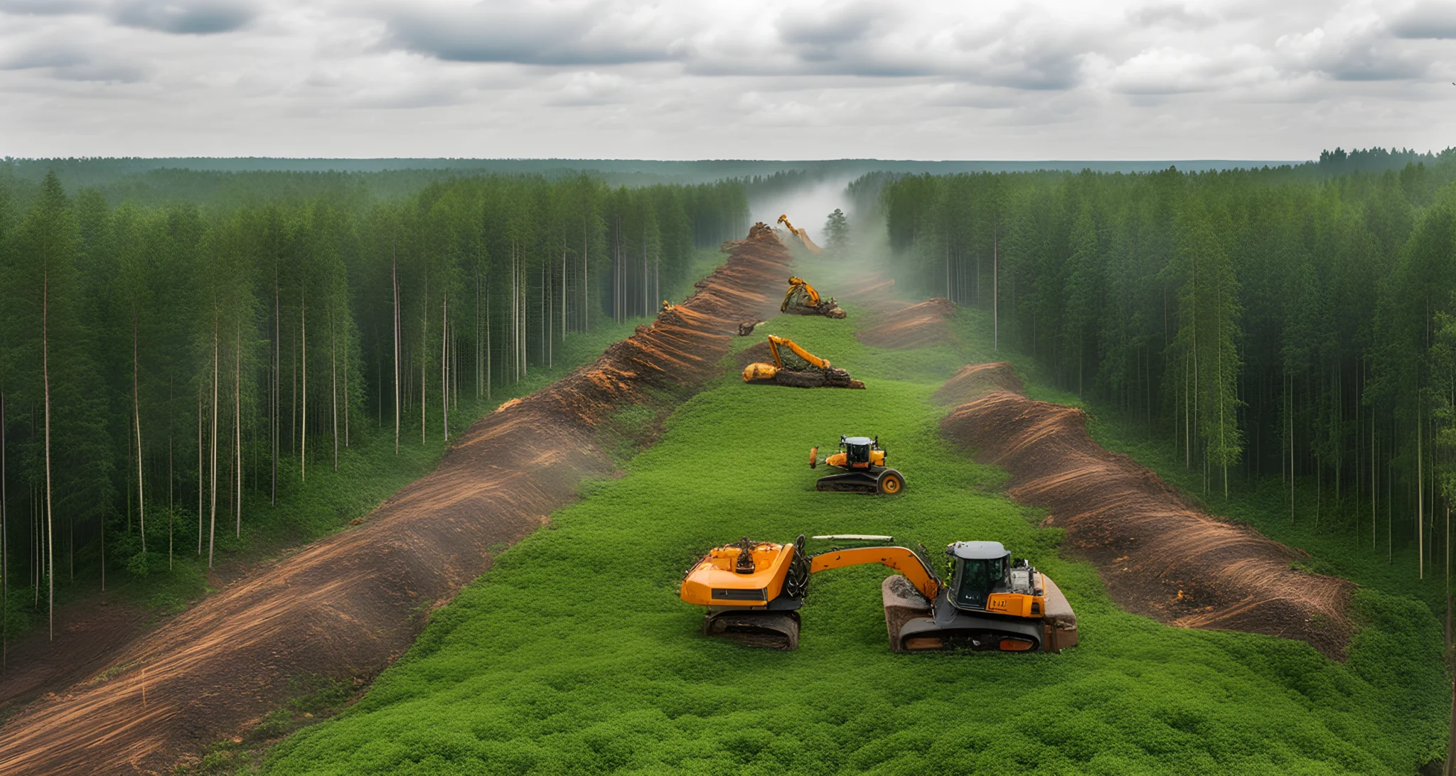 The image shows a vast expanse of lush green forest being cleared by large machinery, with stacks of cut trees in the background.