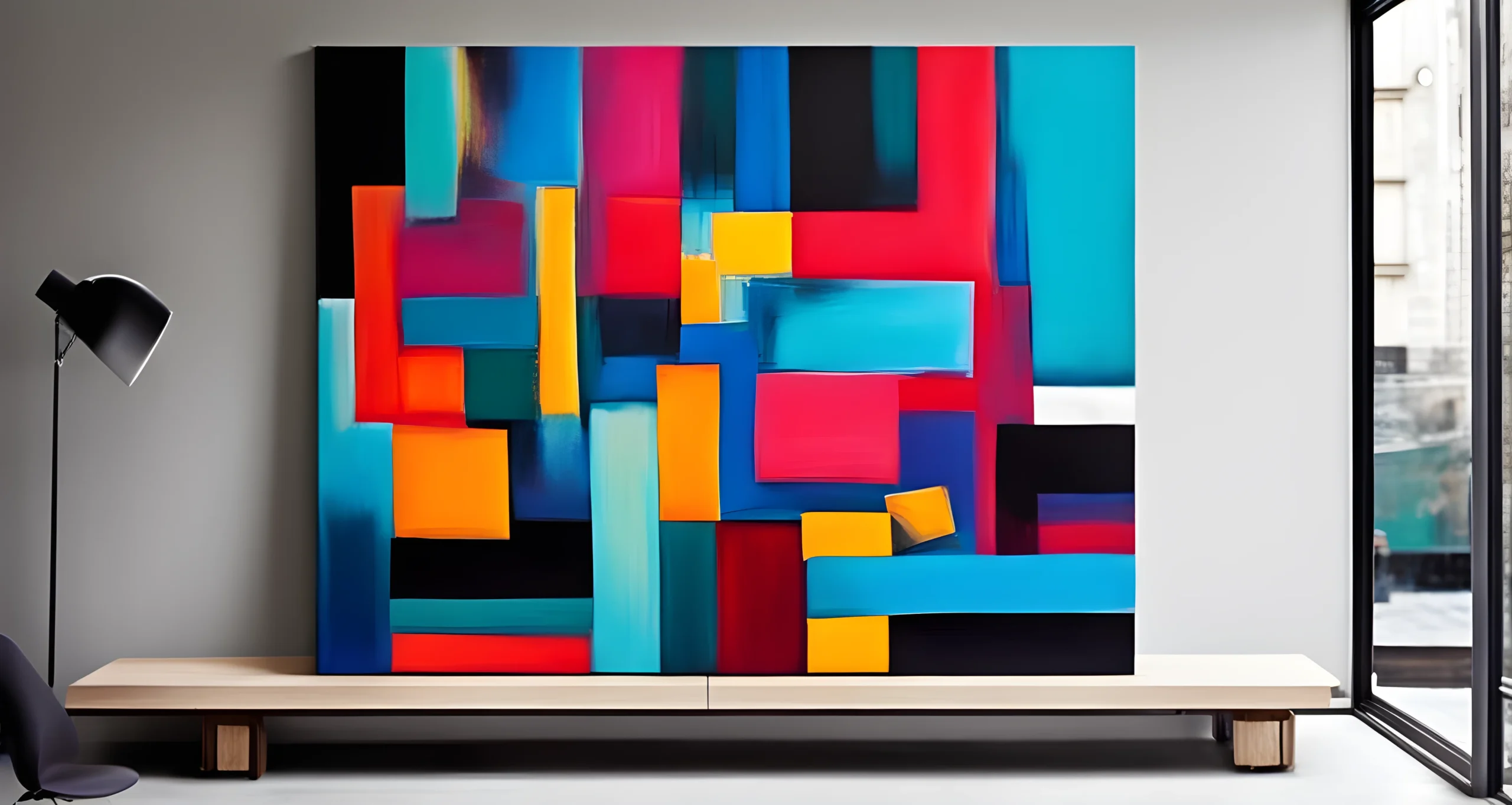 The image shows a vibrant and abstract painting with bold, geometric shapes and bright, contrasting colors.