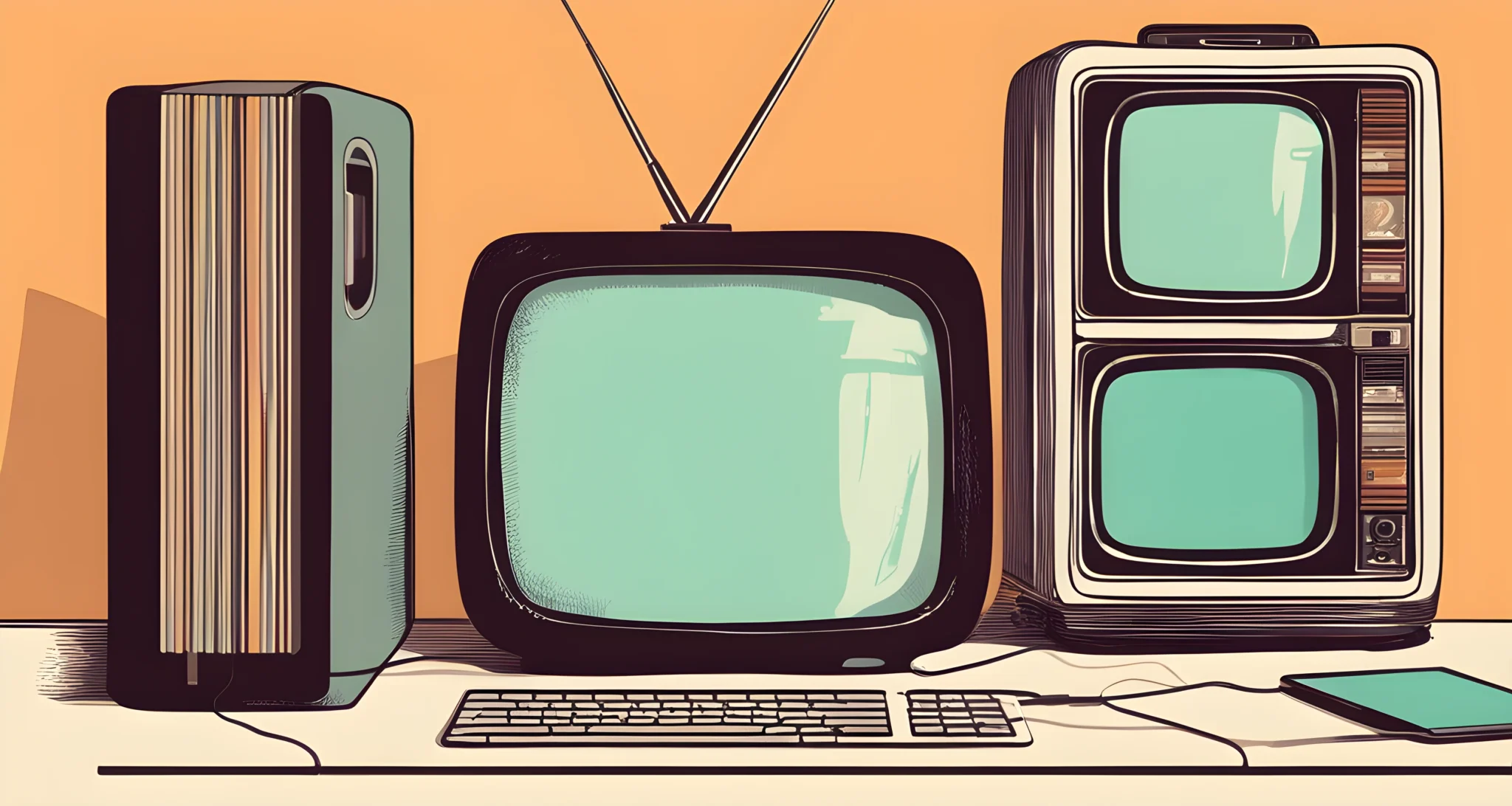 The image shows a vintage television set next to a modern laptop with streaming services playing on the screen.