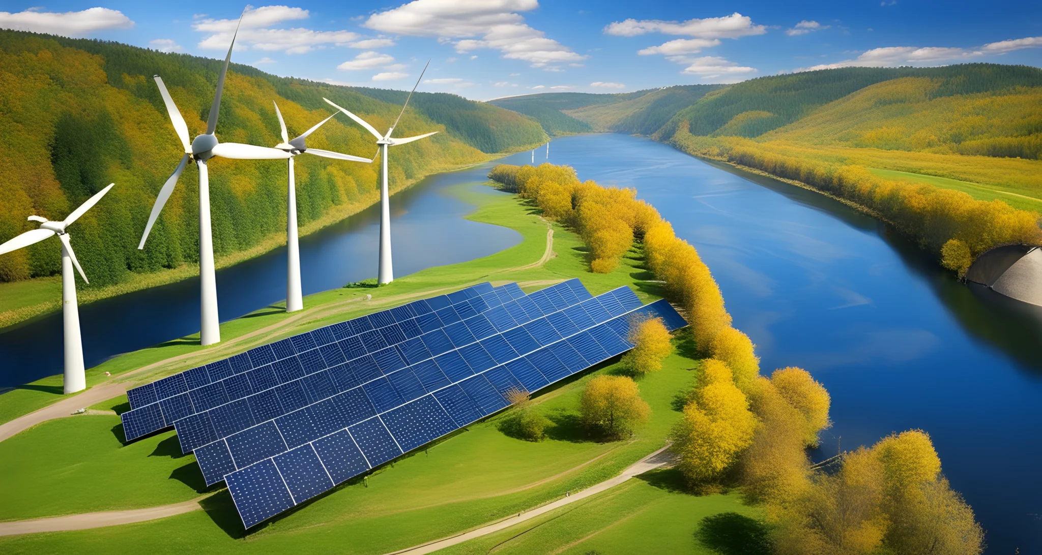 The image shows a wind turbine, a solar panel, and a hydroelectric dam.