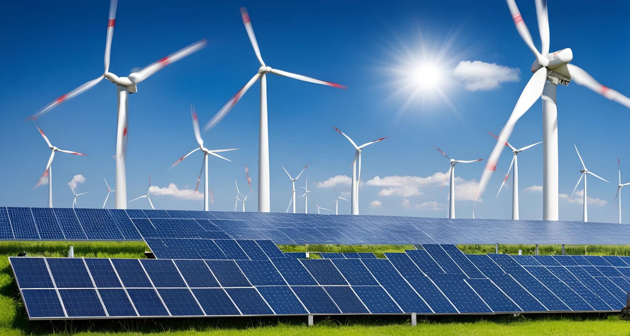 The image shows a wind turbine and a solar panel array against a blue sky background.