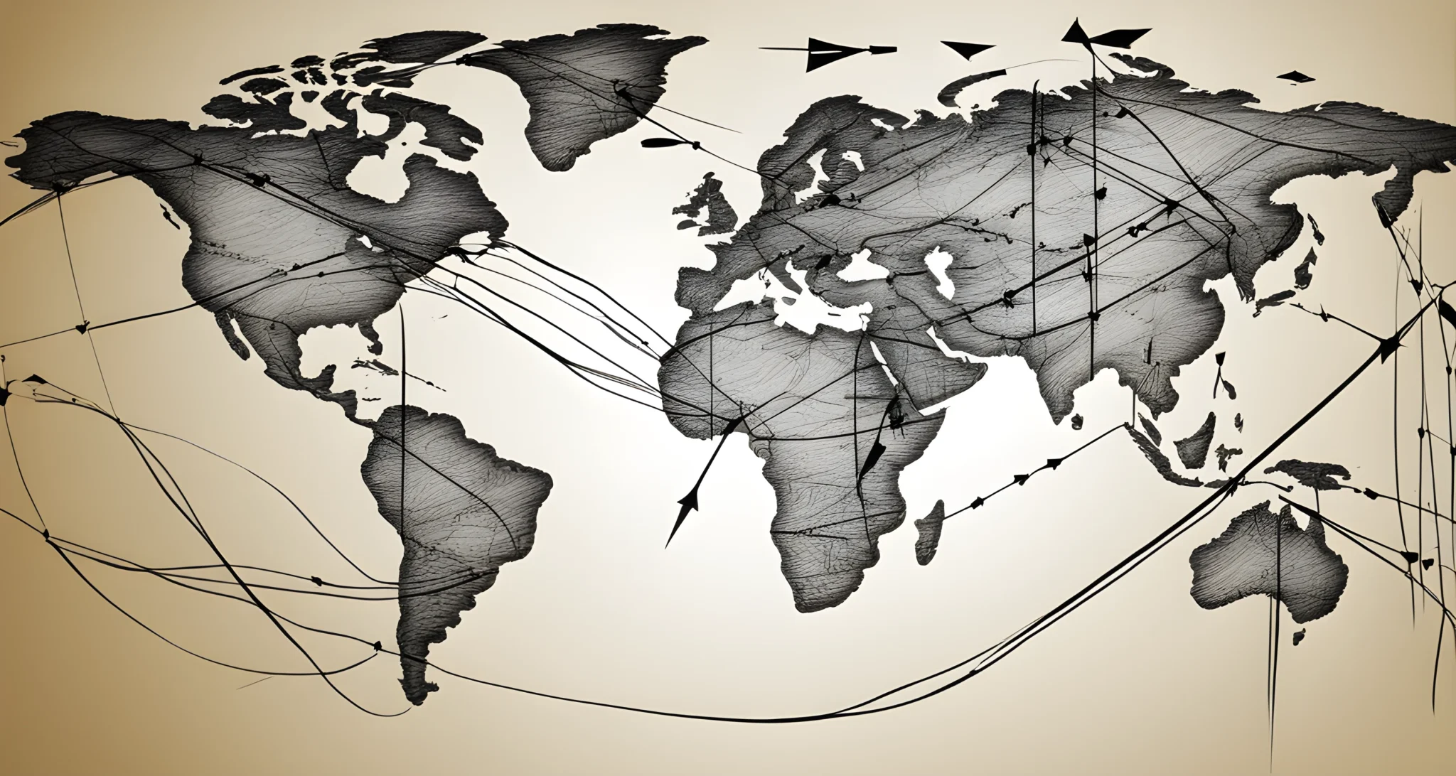 The image shows a world map with interconnected lines and arrows, representing global trade and communication routes. There are also several electronic devices and screens, symbolizing the use of technology in modern globalization efforts.