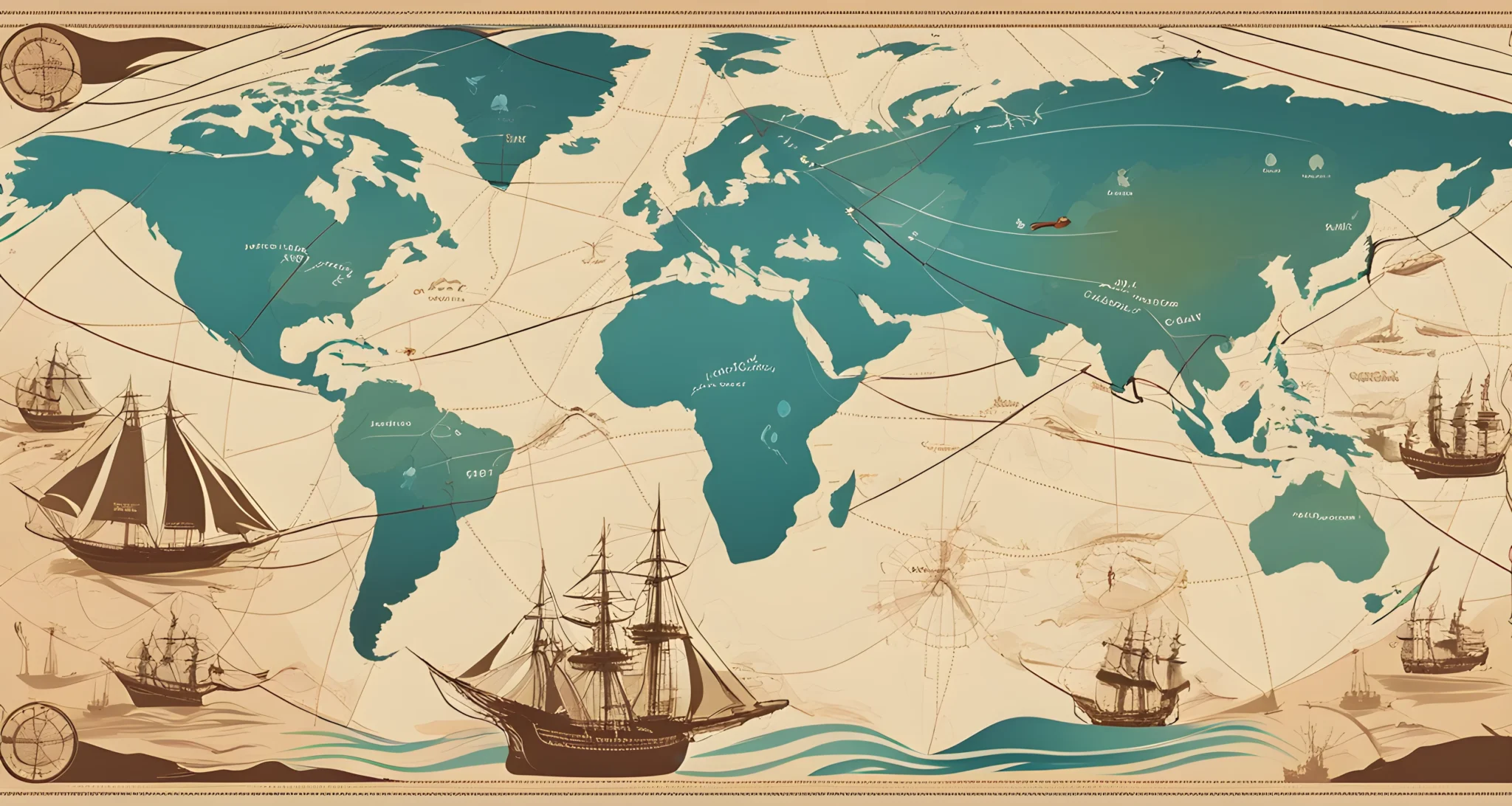 The image shows a world map with various trade routes and ships traveling across oceans.