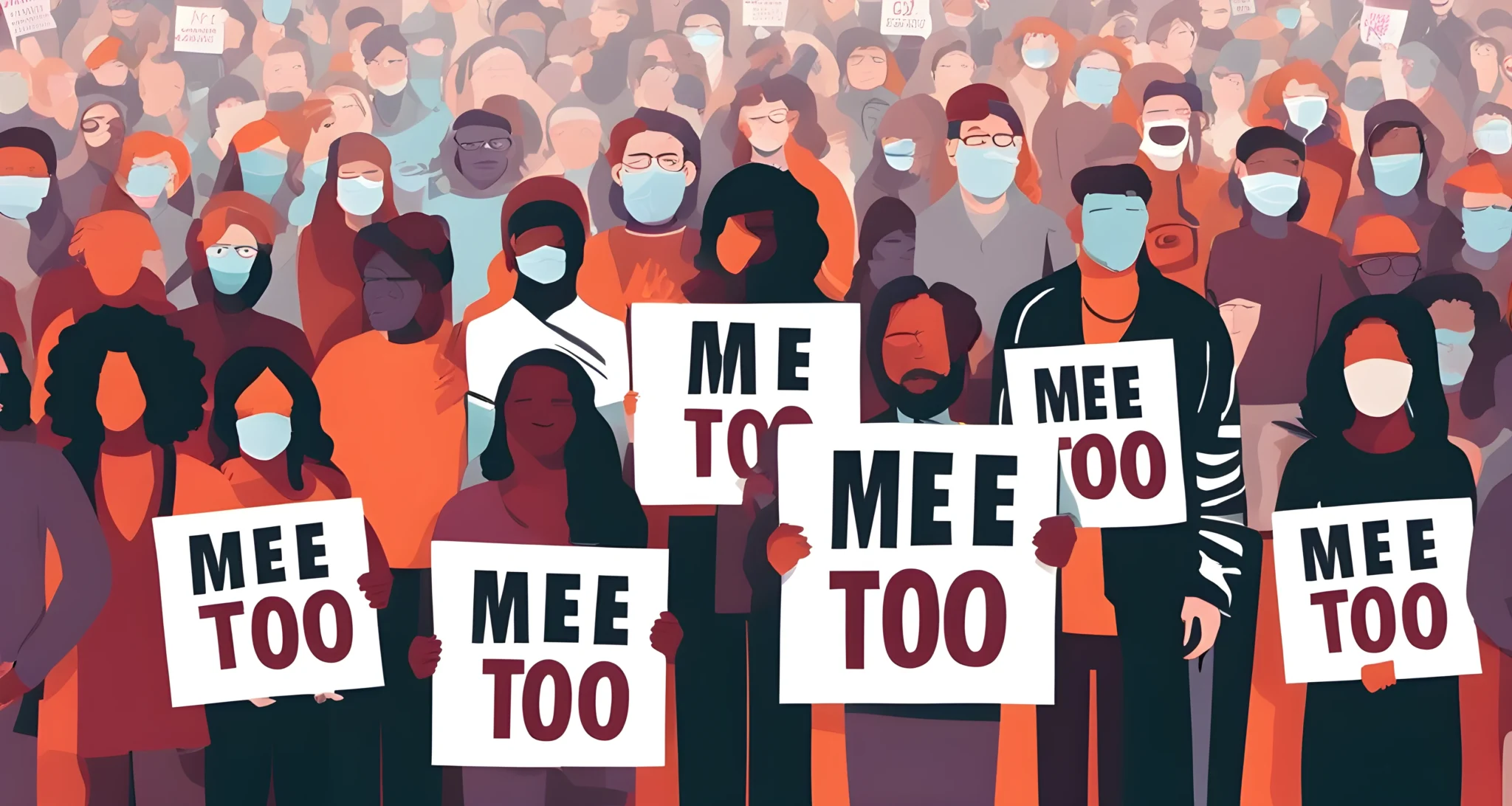 The image shows protesters holding signs advocating for the Me Too movement at a rally.