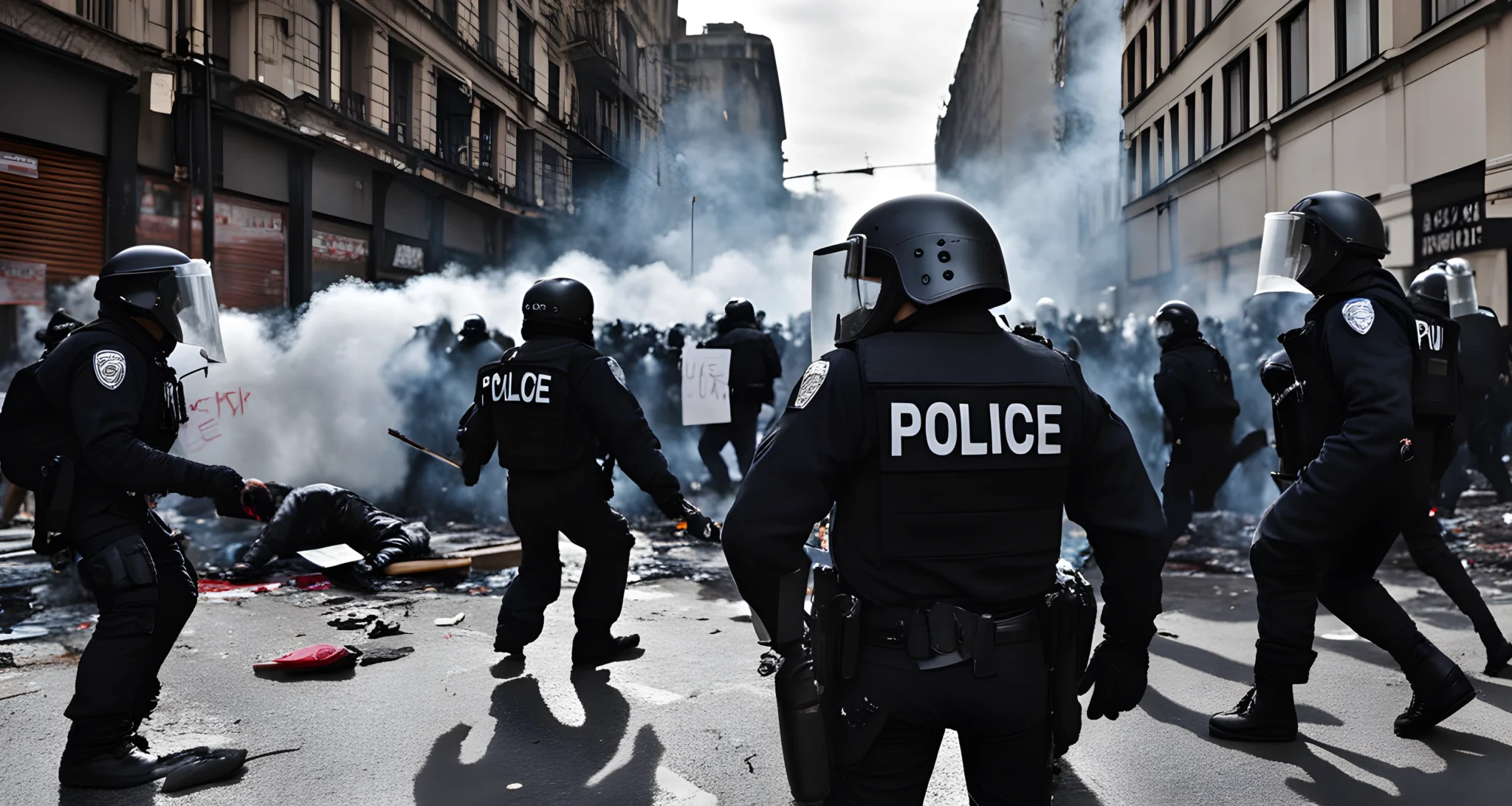 The image shows protesters in the streets, police in riot gear, and graffiti on buildings.