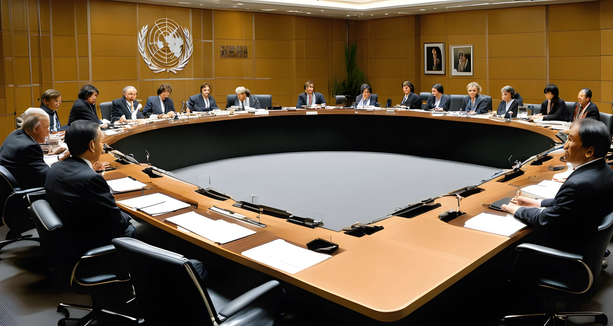 The image shows representatives from various specialized agencies, including the United Nations, World Bank, and International Monetary Fund, meeting to discuss global economic and political issues.