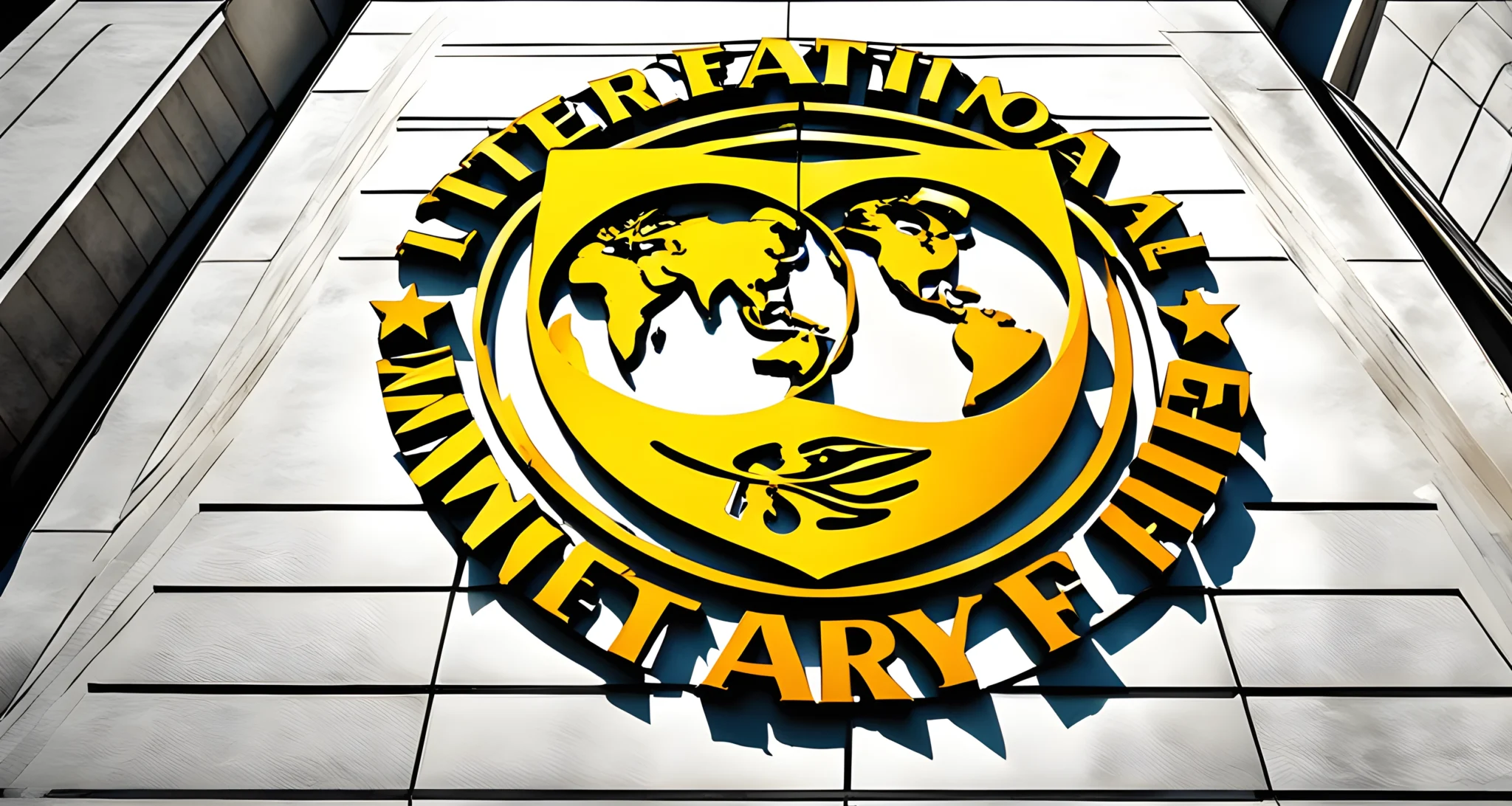 The image shows the emblem of the International Monetary Fund (IMF) displayed at the entrance of a government building.