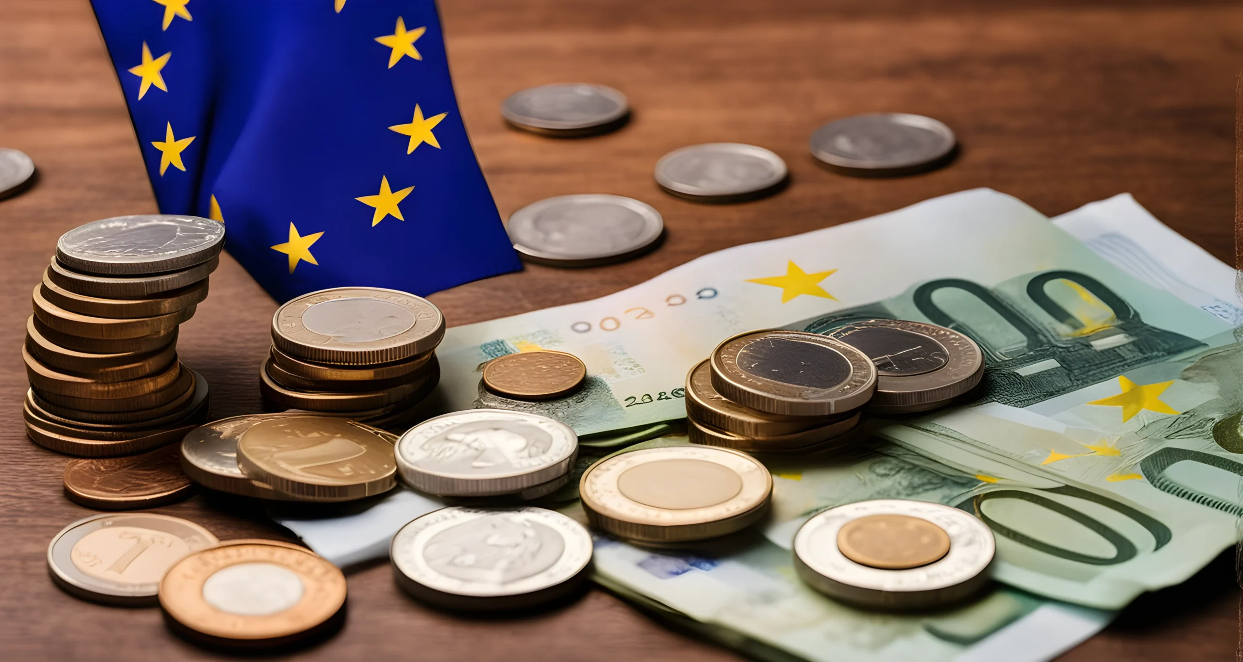 The image shows the European Union flag and various Euro coins and banknotes scattered on a table.