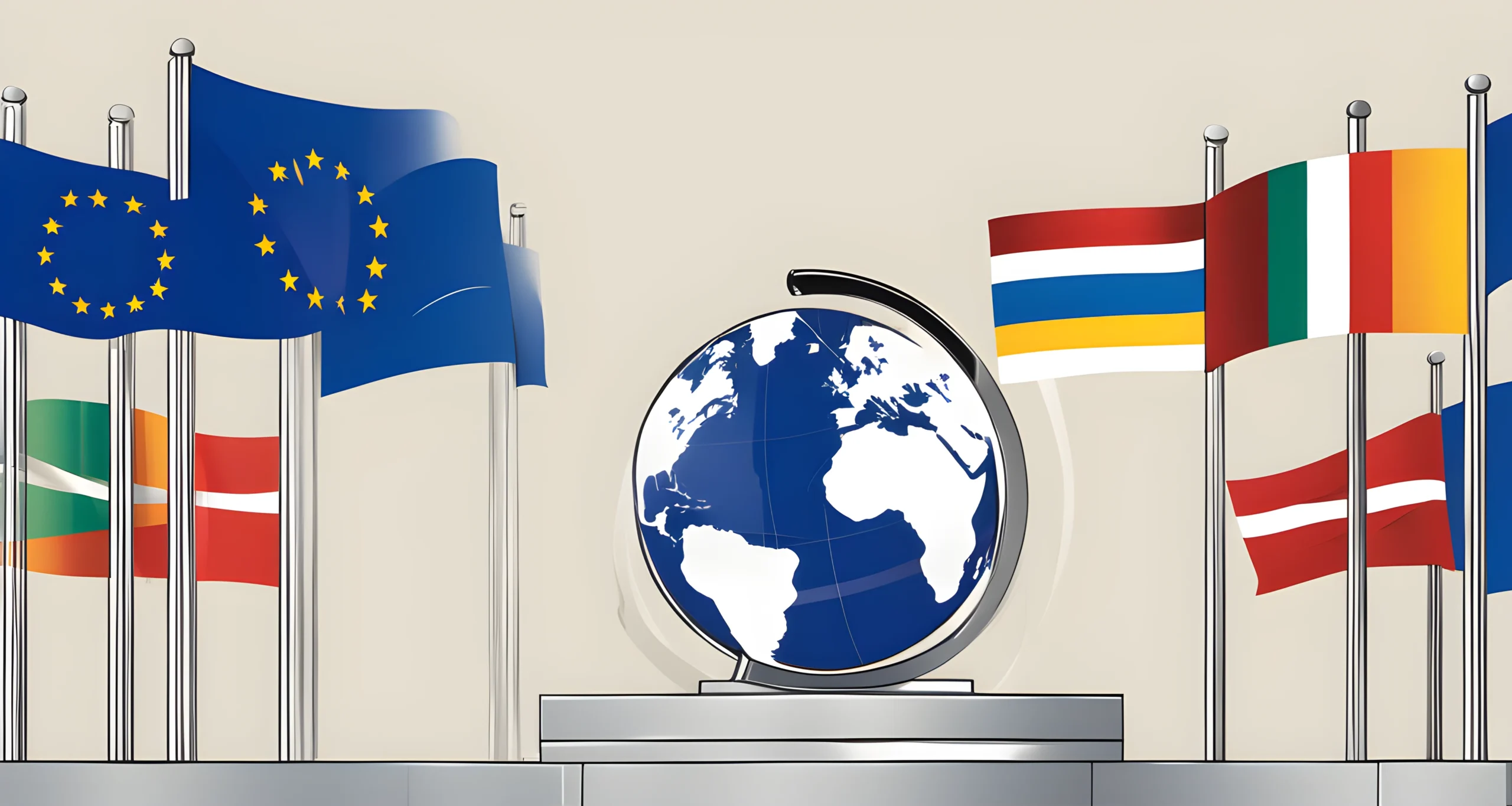 The image shows the European Union flag, European Parliament building, and a globe representing international organizations.