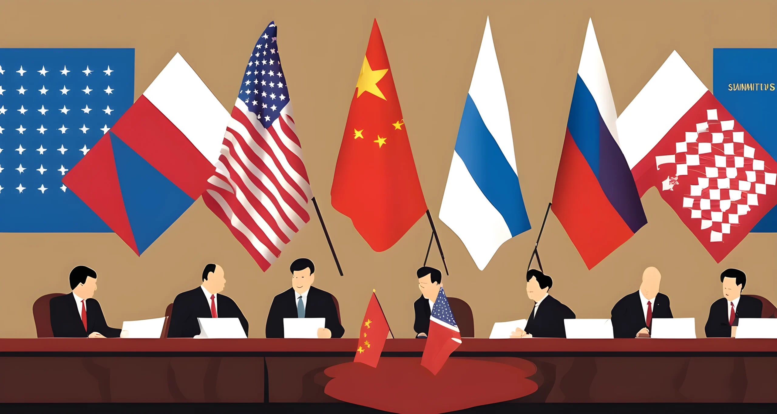 The image shows the flags of the United States, China, and Russia displayed prominently in front of a group of world leaders at a summit meeting.