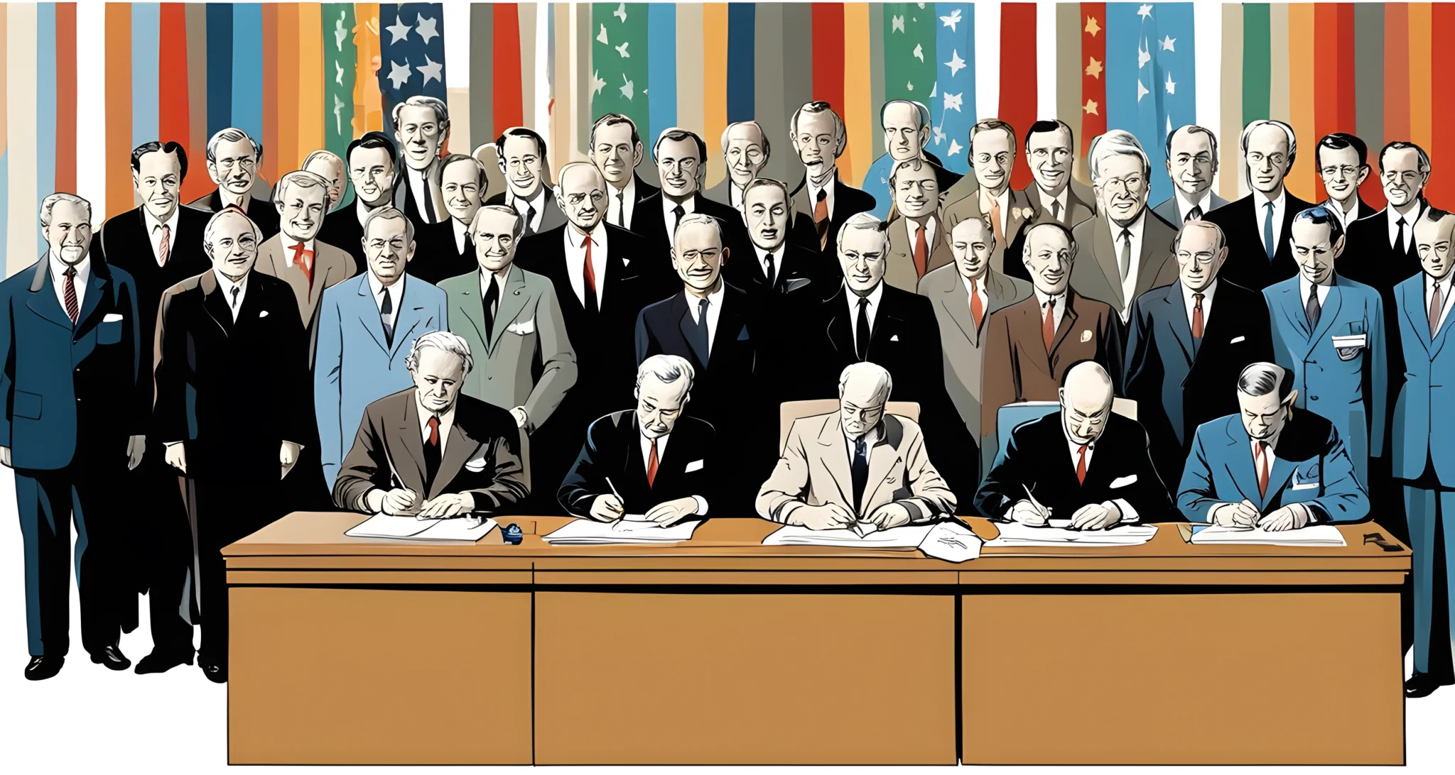 The image shows the founding members of the United Nations signing the UN Charter in 1945.