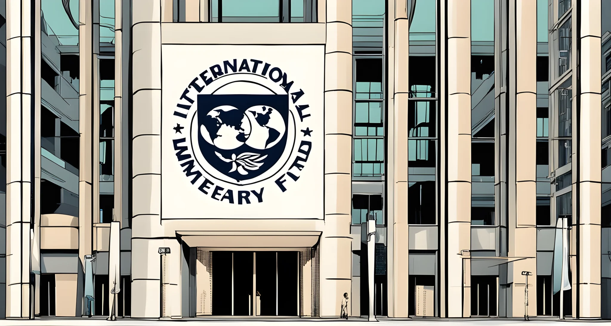 The image shows the headquarters of the International Monetary Fund, with the organization's logo prominently displayed on the building's facade. Two large flags flank the entrance, one representing the IMF and the other the United States.