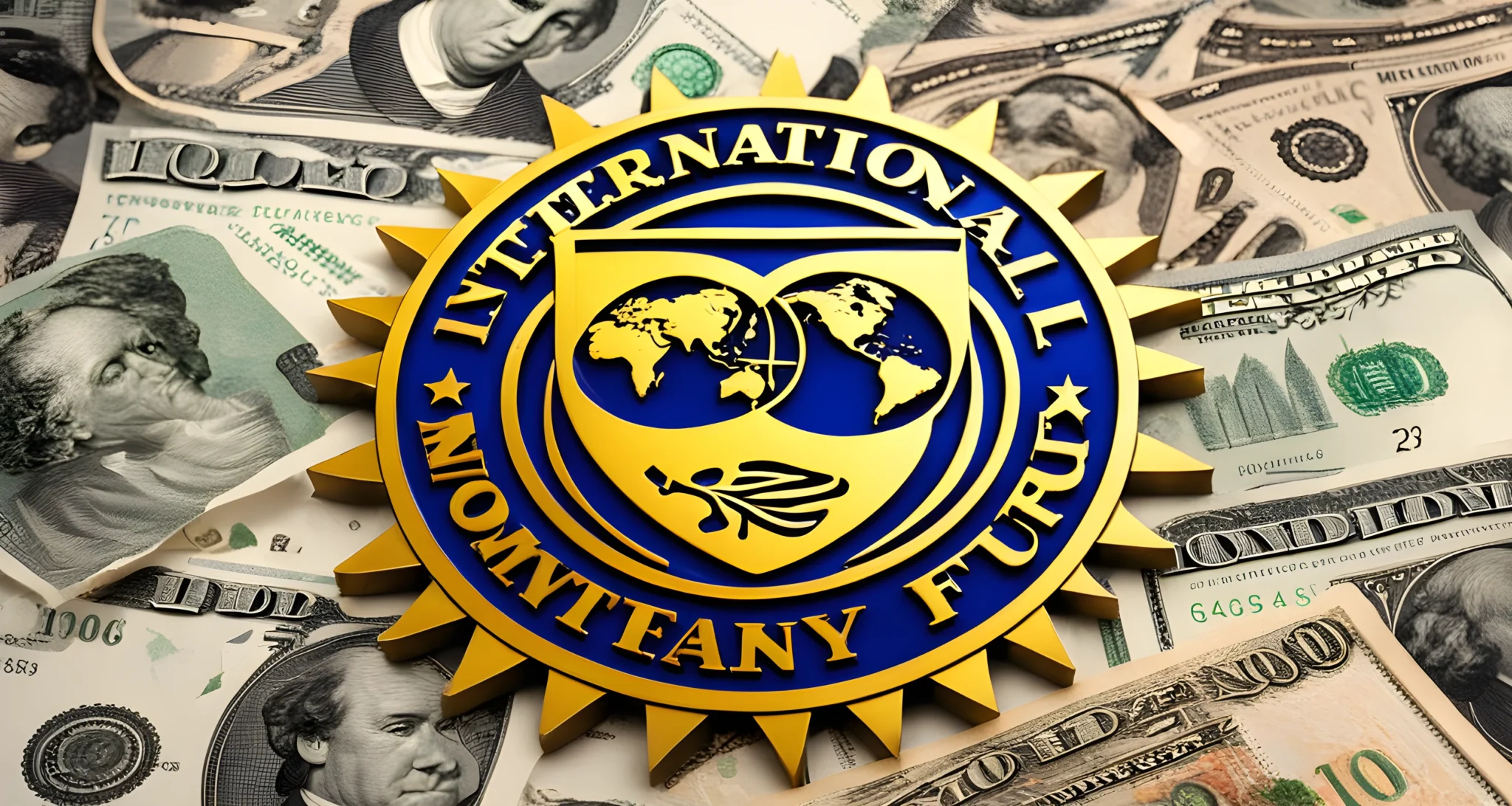 The image shows the logo of the International Monetary Fund on a backdrop of various world currencies.