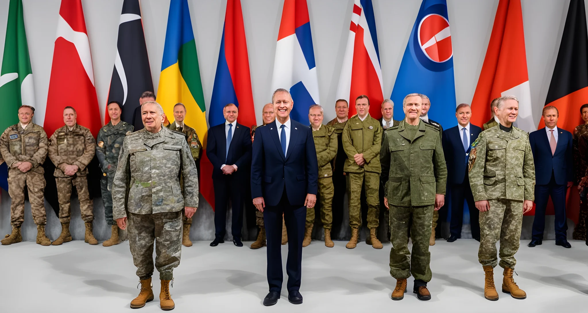 The image shows the NATO flag and a group of military and political leaders standing together in front of a backdrop of various international flags.