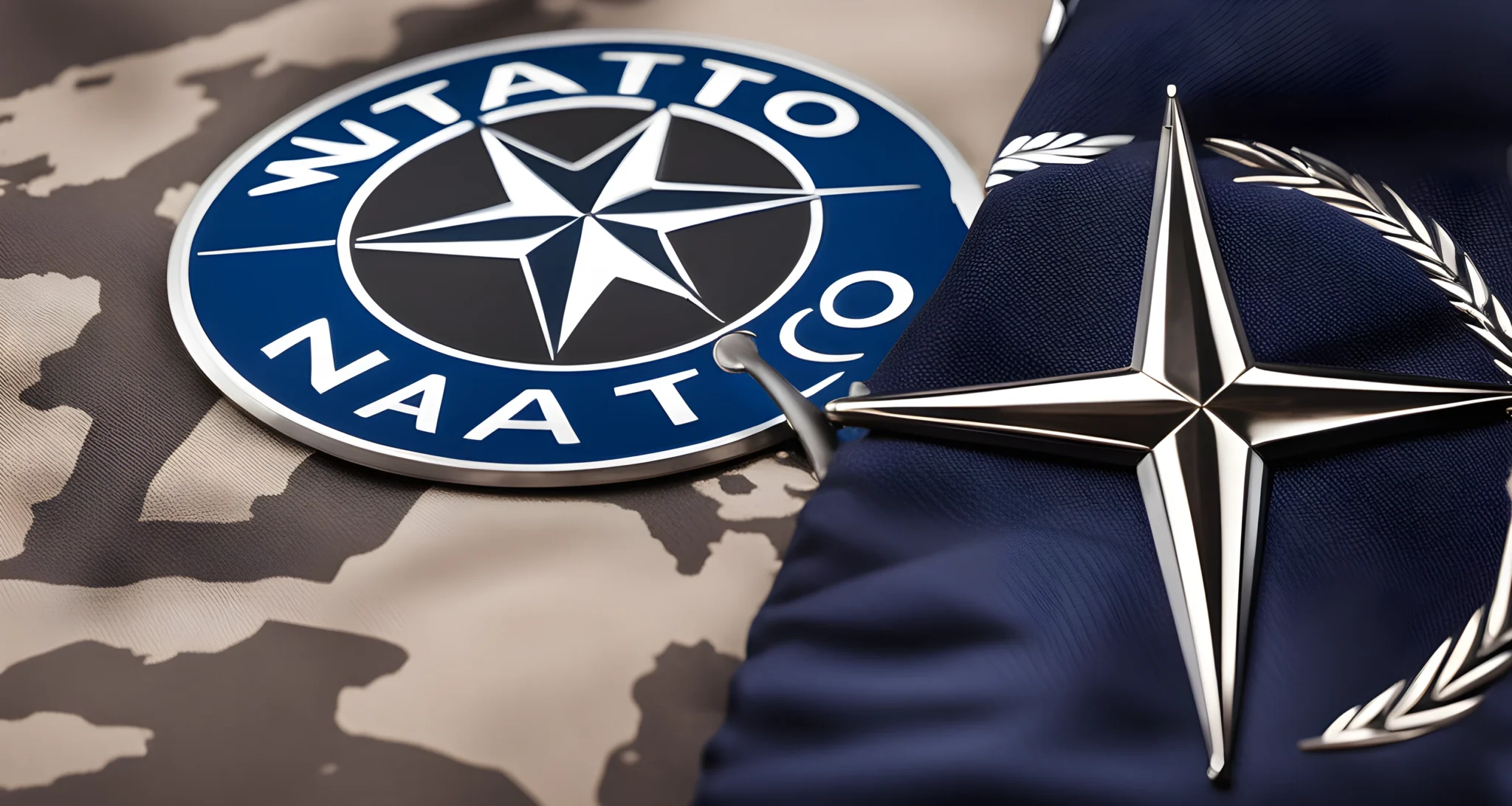 The image shows the NATO logo displayed prominently on a flag, with various military equipment and vehicles in the background.