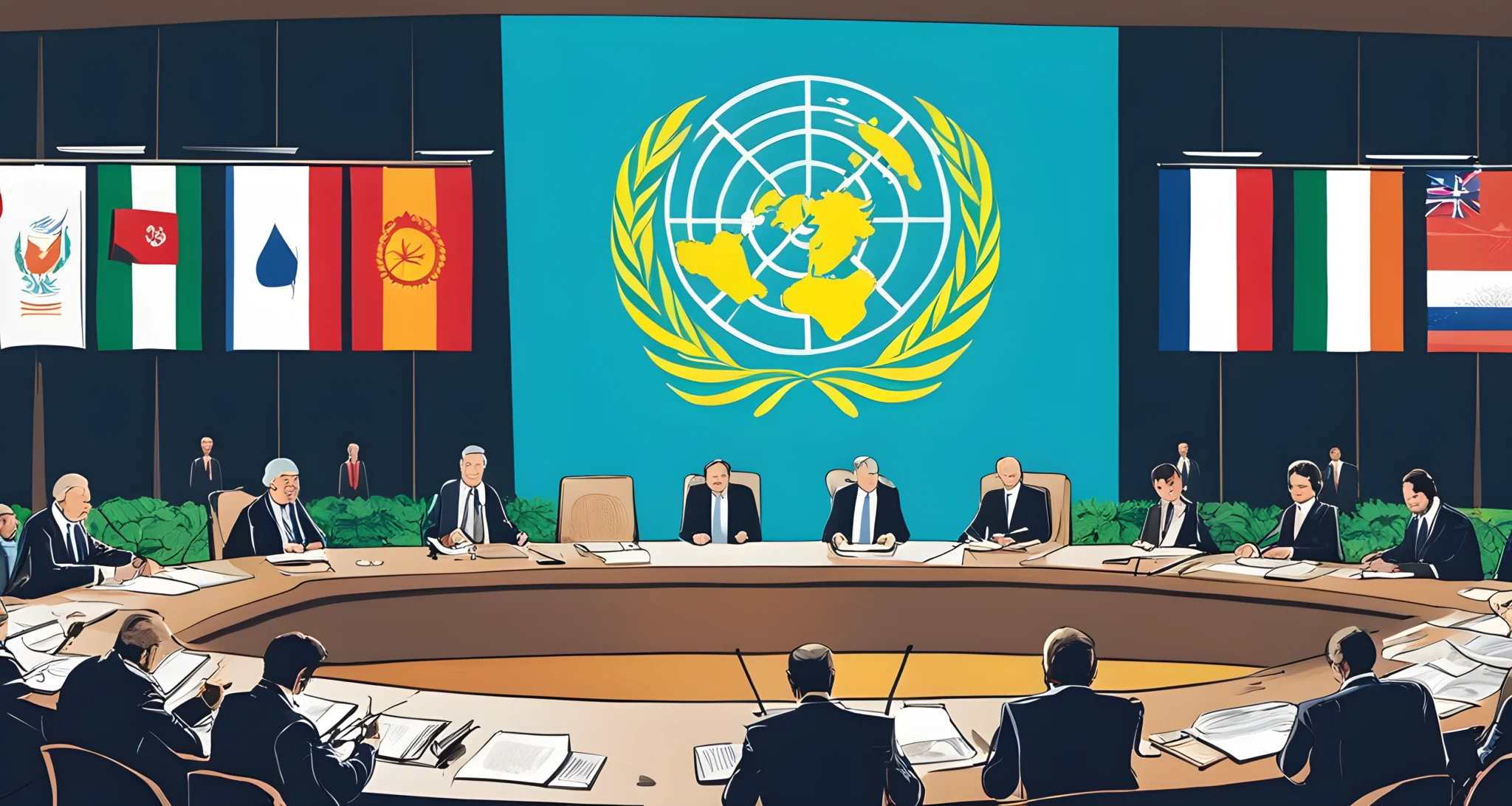 The image shows the signing of the Paris Agreement at the United Nations Headquarters in New York. Political leaders from around the world are gathered around a large table, signing the agreement with a backdrop of the UN logo and flags from various countries.