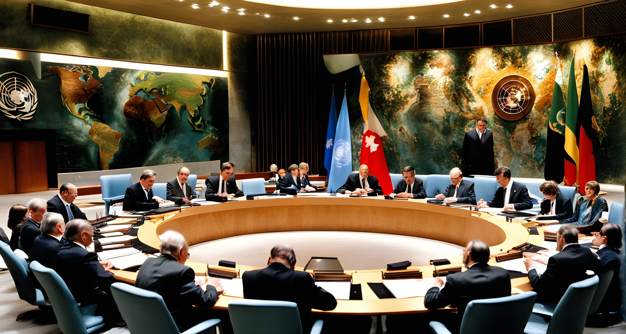 The image shows the signing of the United Nations Charter by representatives of various countries.