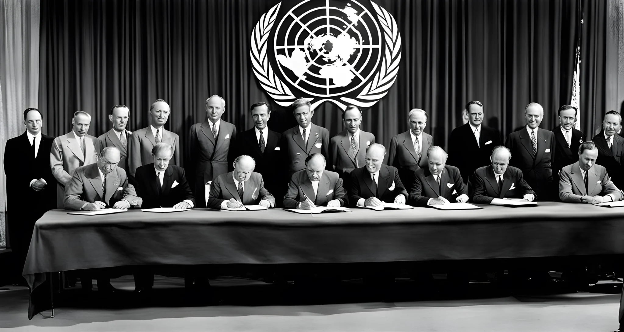 The image shows the signing of the United Nations Charter in San Francisco in 1945, with world leaders gathered around a large table.